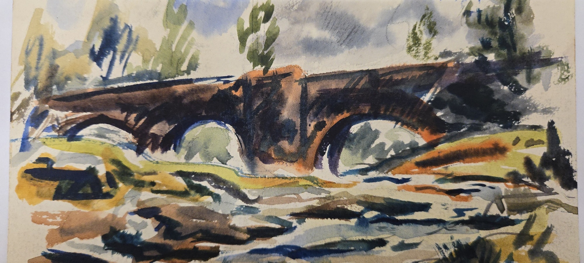 Watercolor sketch of Neri, Italy, showing a bridge and trees.