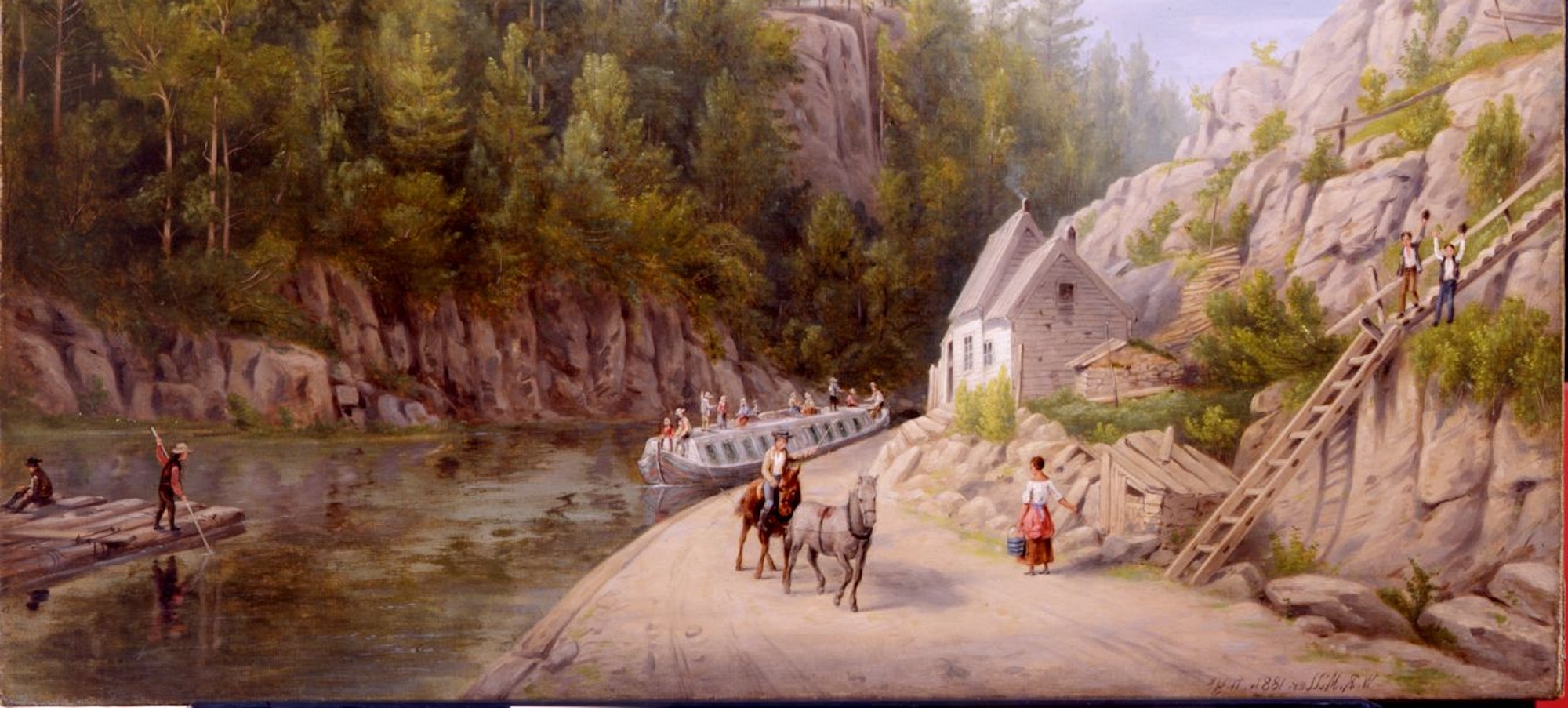 An oil on canvas painting showing a landscape view of the canal at Little Falls, New York.