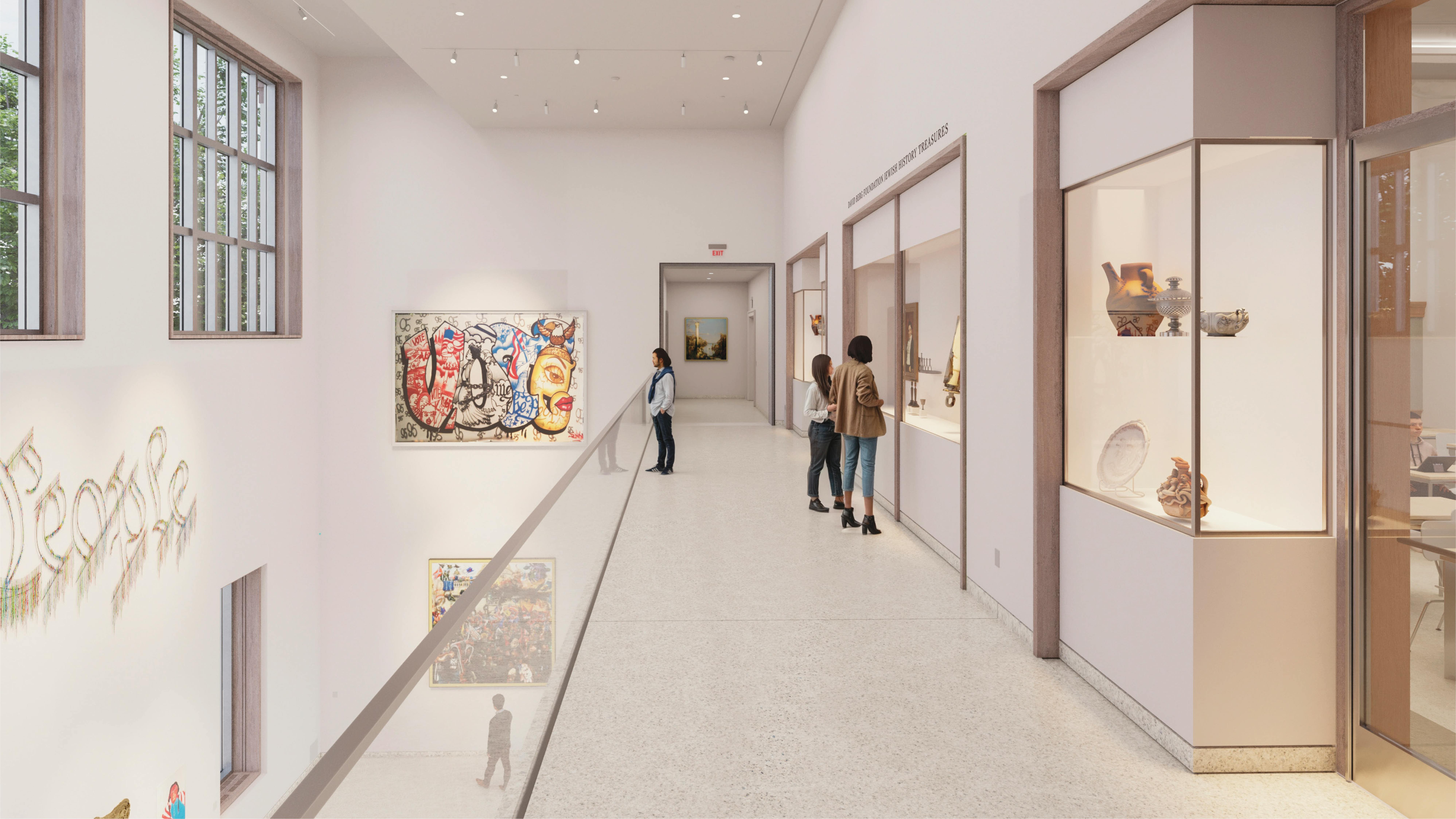 rendering of the second floor balcony in the new wing with visitors looking to glass enclosed niches and a Vote mural visible on the far wall