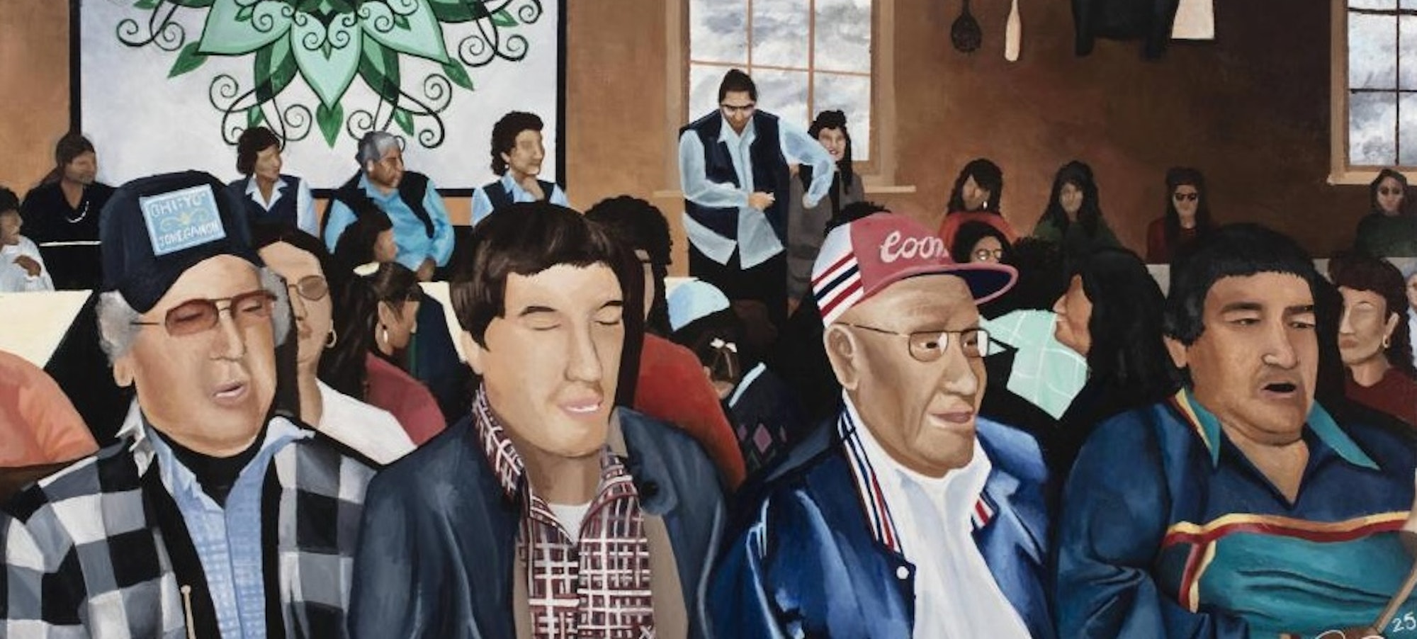 a contemporary artwork depicting a group of native americans at a Haudenosaunee Sing, in which representatives from different nations of the Haudenosaunee Confederacy gather to share song and medicine. Artist/Maker Randee Spruce Seneca, b. 1998, The Sing at Coldspring. 2025. Purchased through the generosity of Ernest Tollerson and Tink Leefmans. 2025.3