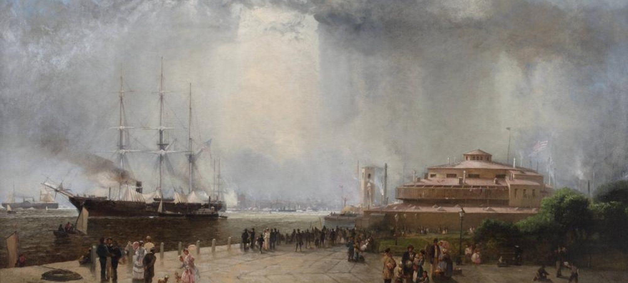 A monumental oil painting showing the harbor scene of Castle Garden with a ship on the right and the facility on the left. Andrew Melrose 1836 - 1901 Castle Garden 1875 Oil on canvas. Gift of Walter and Lucille Rubin. 2024.34