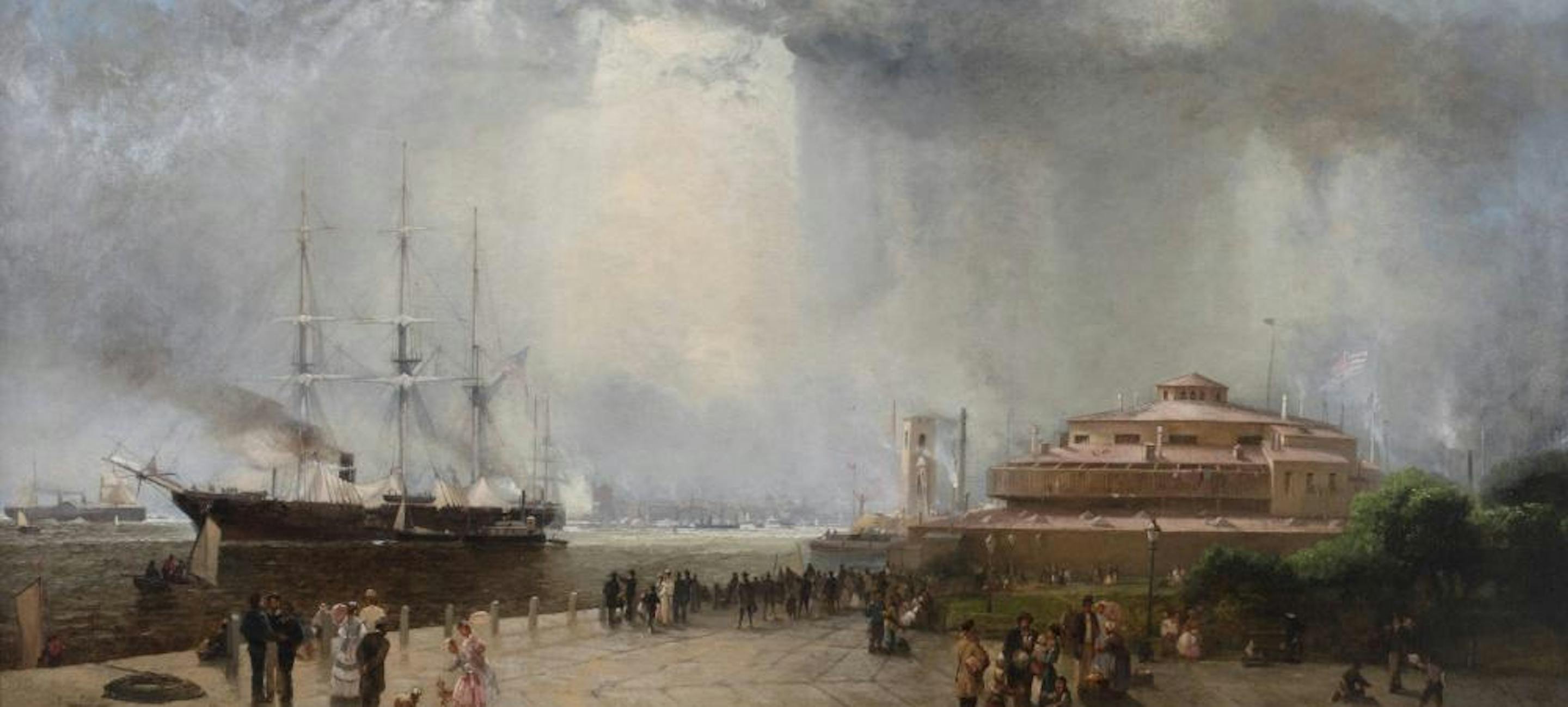 A monumental oil painting showing the harbor scene of Castle Garden with a ship on the right and the facility on the left. Andrew Melrose 1836 - 1901 Castle Garden 1875 Oil on canvas. Gift of Walter and Lucille Rubin. 2024.34