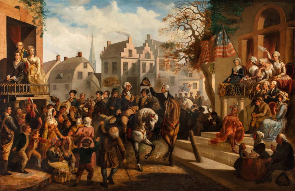 An oil painting by an unidentified artist depicting George Washington's entry on horseback into New York in 1783, showing a crowd of people around him. Entry of George Washington into New York in 1783. ca. 1857–1866. Oil on canvas. Promised gift of Elie and Sarah Hirschfeld, Scenes of New York City. IL2021.51.2
