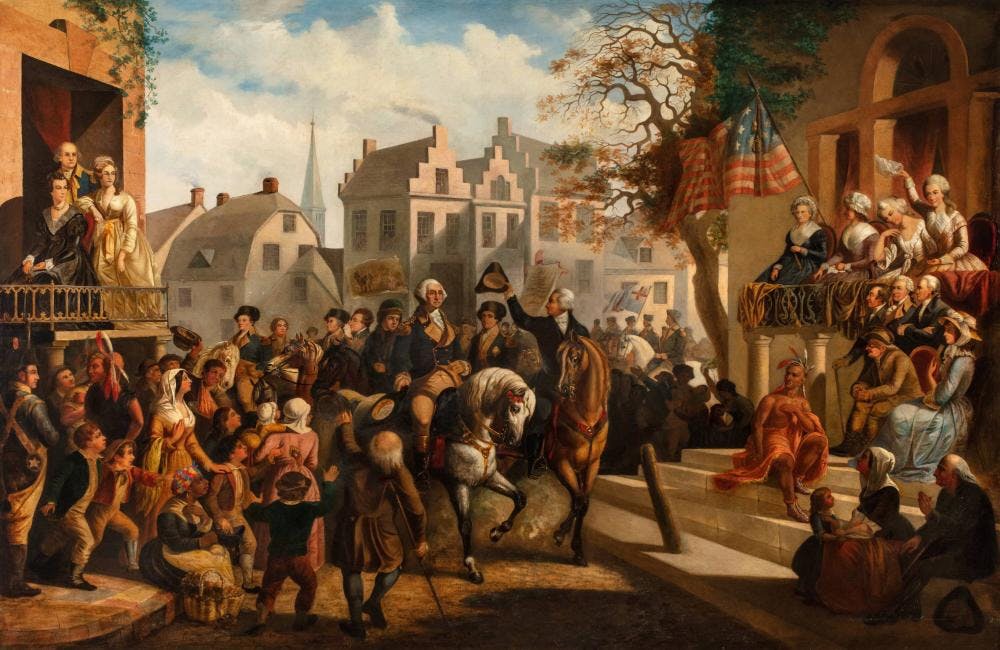 An oil painting by an unidentified artist depicting George Washington's entry on horseback into New York in 1783, showing a crowd of people around him. Entry of George Washington into New York in 1783. ca. 1857–1866. Oil on canvas. Promised gift of Elie and Sarah Hirschfeld, Scenes of New York City. IL2021.51.2