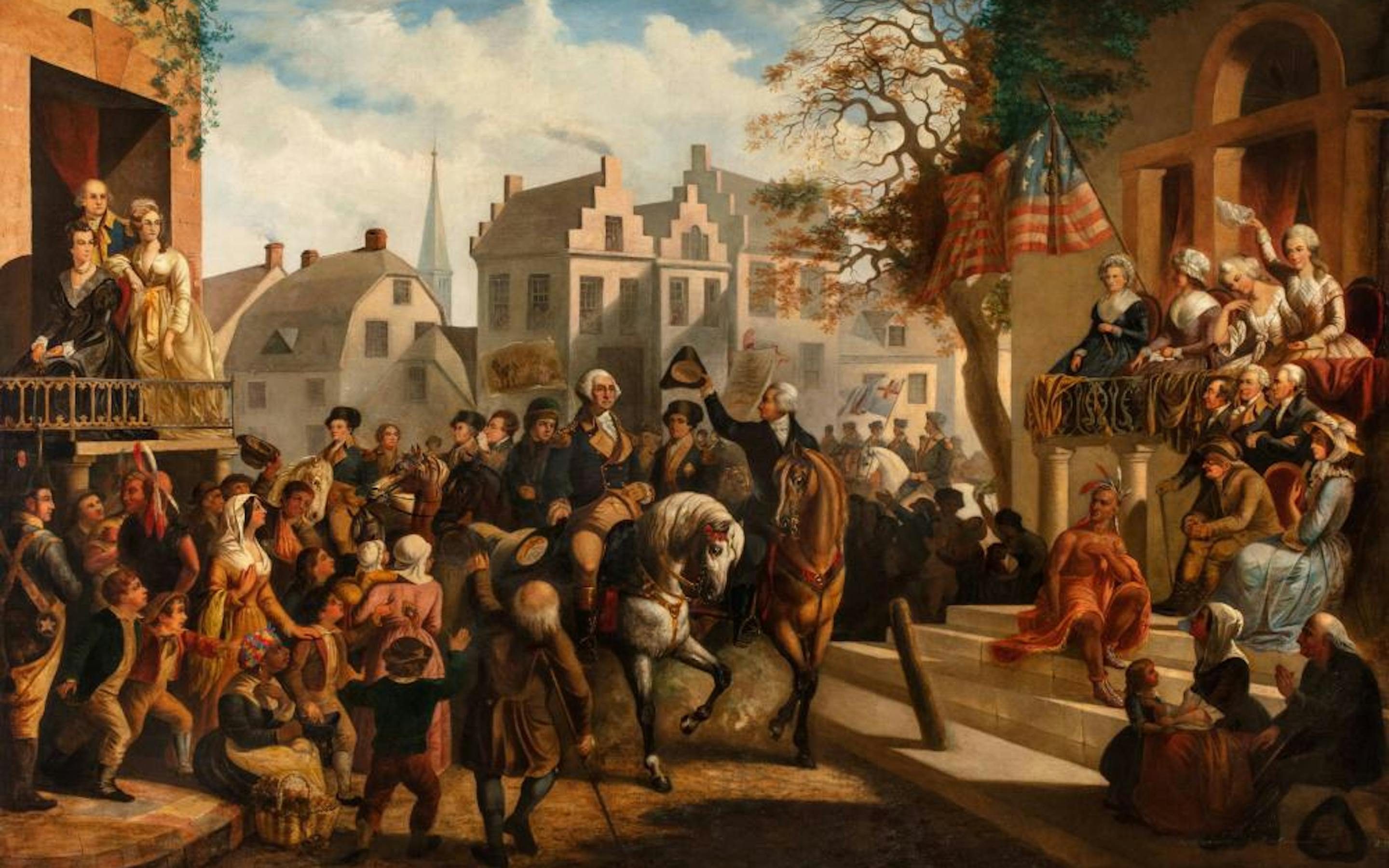 An oil painting by an unidentified artist depicting George Washington's entry on horseback into New York in 1783, showing a crowd of people around him. Entry of George Washington into New York in 1783. ca. 1857–1866. Oil on canvas. Promised gift of Elie and Sarah Hirschfeld, Scenes of New York City. IL2021.51.2
