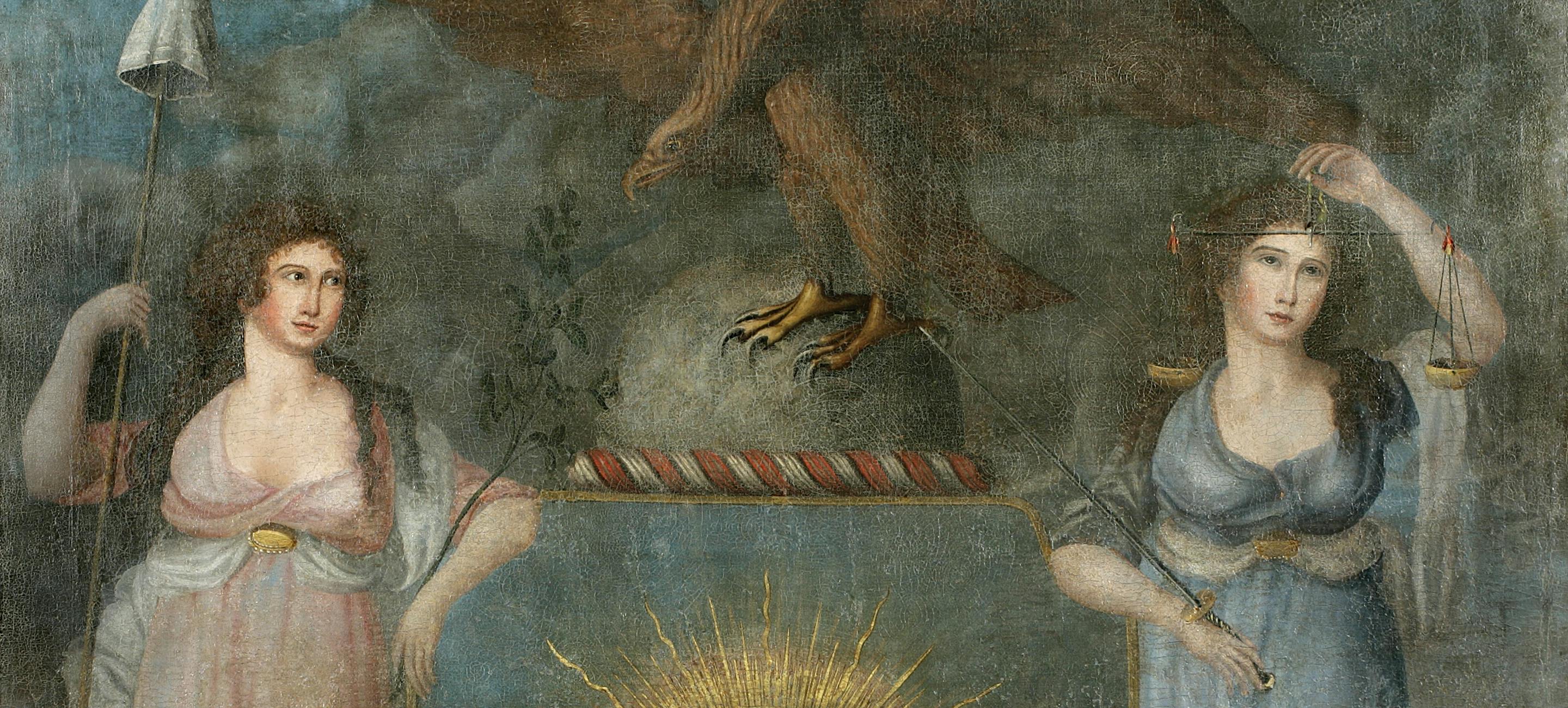 Unidentified artist, Excelsior, last quarter of the 18th century. Oil on linen. The New York Historical, X.731
painting of two white women in flowing classical dresses standing on either side of a rising sun and an eagle