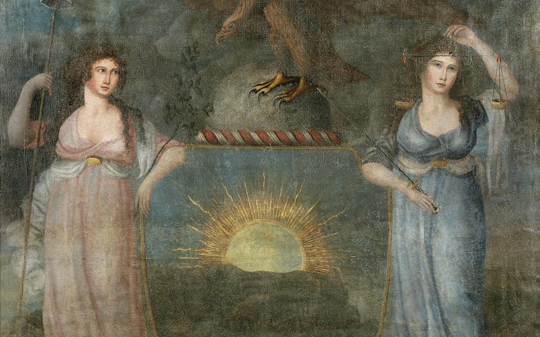 Unidentified artist, Excelsior, last quarter of the 18th century. Oil on linen. The New York Historical, X.731
painting of two white women in flowing classical dresses standing on either side of a rising sun and an eagle