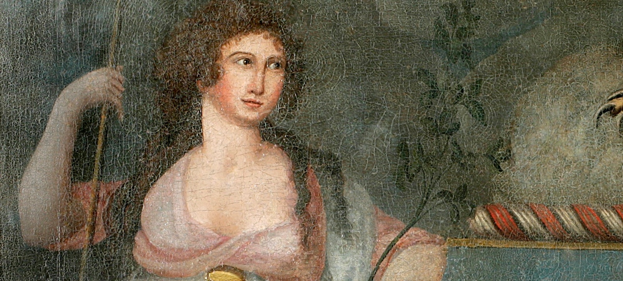 Unidentified artist, Excelsior, last quarter of the 18th century. Oil on linen. The New York Historical, X.731
painting of two white women in flowing classical dresses standing on either side of a rising sun and an eagle