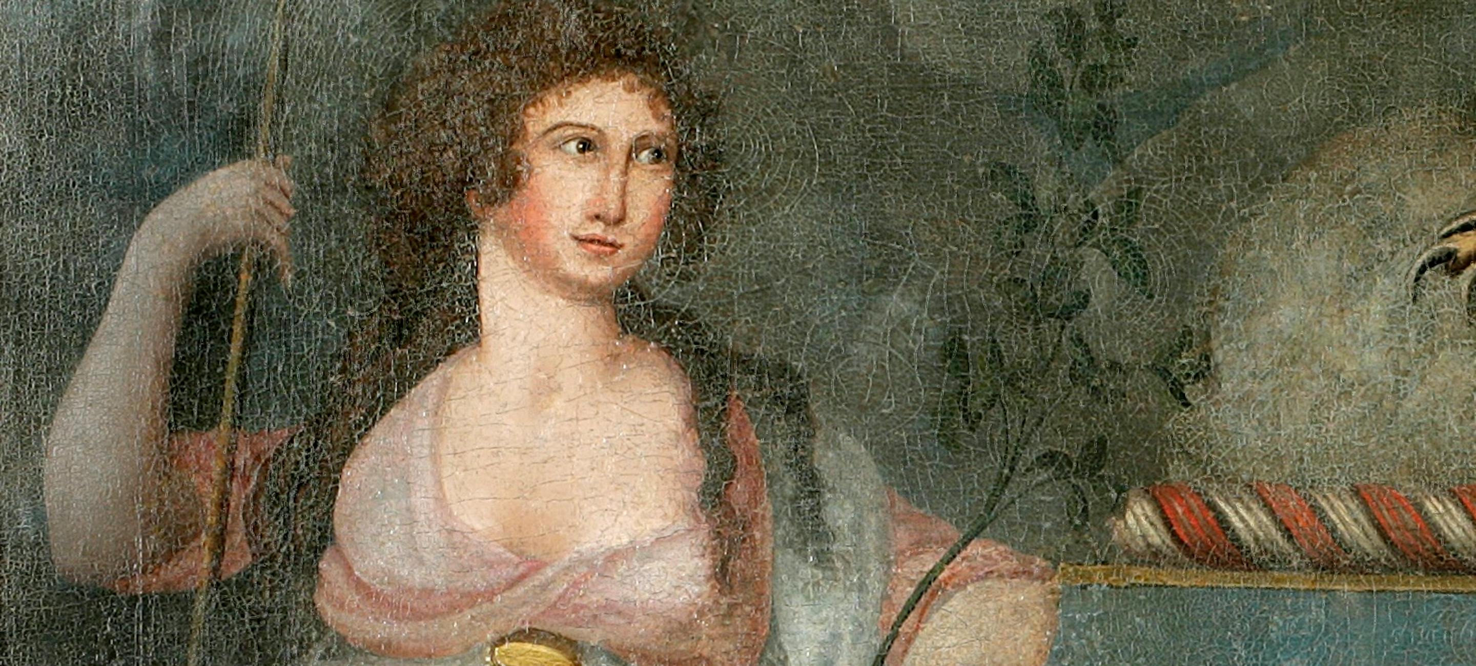 Unidentified artist, Excelsior, last quarter of the 18th century. Oil on linen. The New York Historical, X.731
painting of two white women in flowing classical dresses standing on either side of a rising sun and an eagle