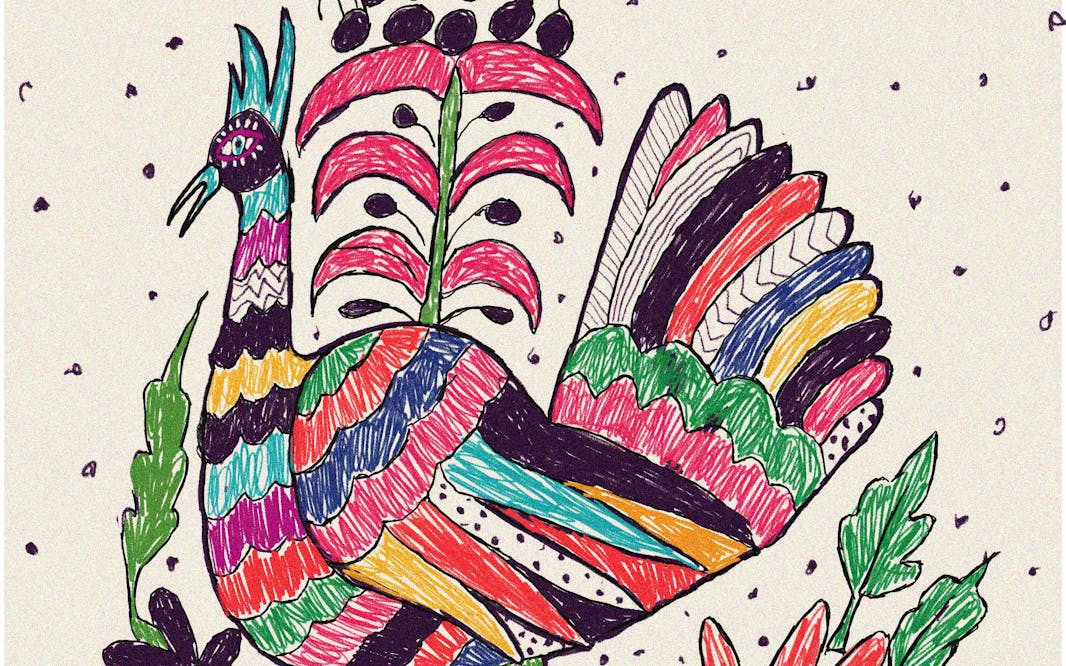 a colorful marker drawing of a multi-colored bird with foliage behind it.