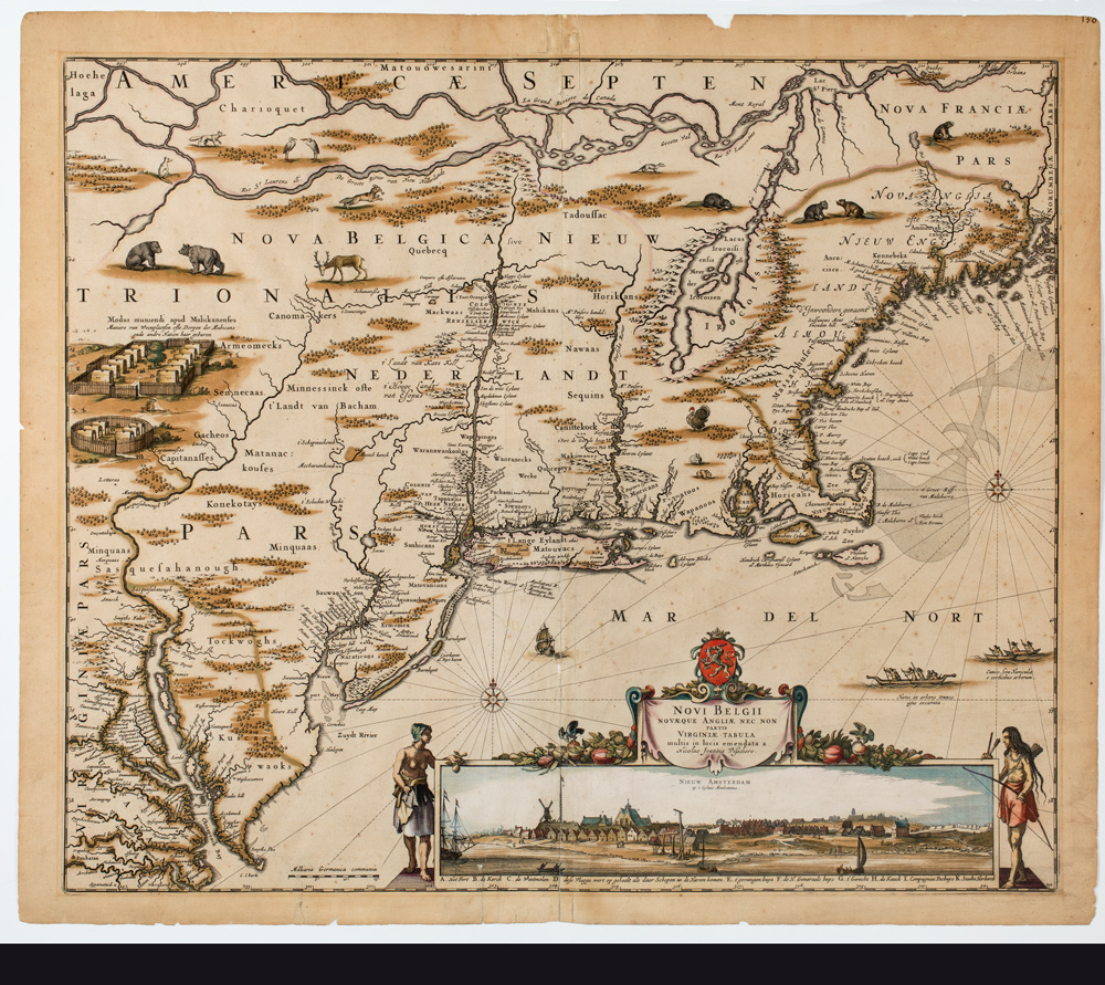 Nicolaes Visscher (1649-1702), Novi Belgii Novaeque Angliae nec non Partis Virginiae tabula, 1655. Black ink with color wash on paper. Patricia D. Klingenstein Library, The New York Historical