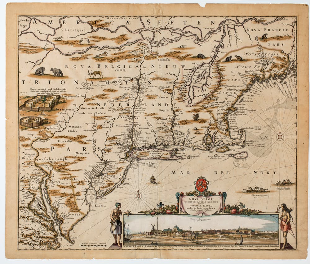 Nicolaes Visscher (1649-1702), Novi Belgii Novaeque Angliae nec non Partis Virginiae tabula, 1655. Black ink with color wash on paper. Patricia D. Klingenstein Library, The New York Historical