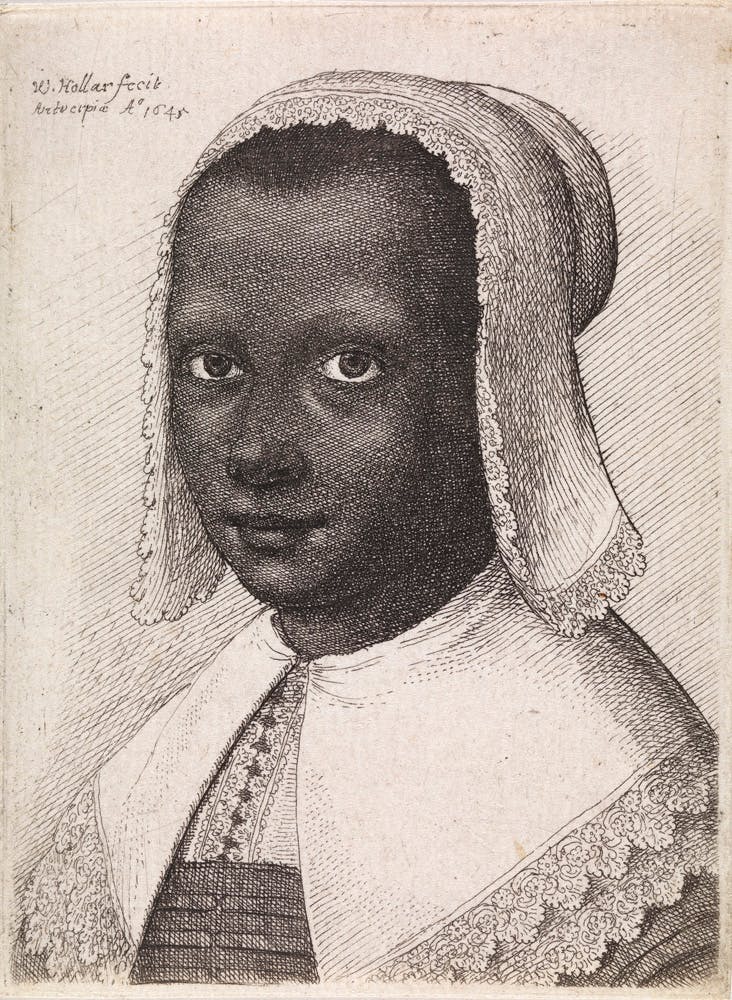 Wenceslaus Hollar (1607-1677), Head of a Black Woman with a Lace Kerchief Hat, 1645. Etching printed in black ink on laid paper. Virginia Museum of Fine Arts, Richmond. Gift of Frank Raysor. Photo: David Stover, © Virginia Museum of Fine Arts