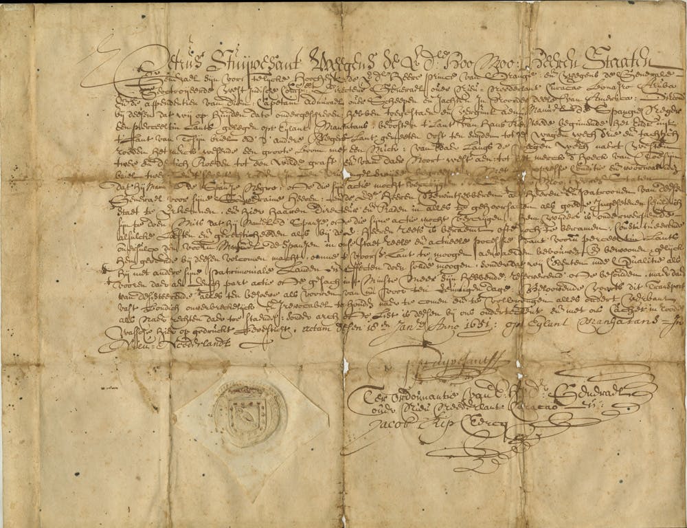 Peter Stuyvesant (ca. 1610-1672), Property deed to Manuel de Spangie, January 18, 1651. Patricia D. Klingenstein Library, The New York Historical