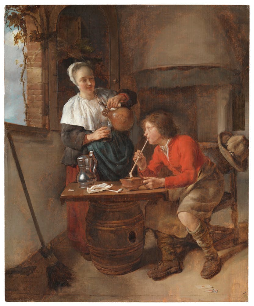 Gabriel Metsu (1629-1667), Young Man Smoking and A Woman Pouring Beer, ca. 1656-58. Oil on panel. Image courtesy of the Leiden Collection, New York