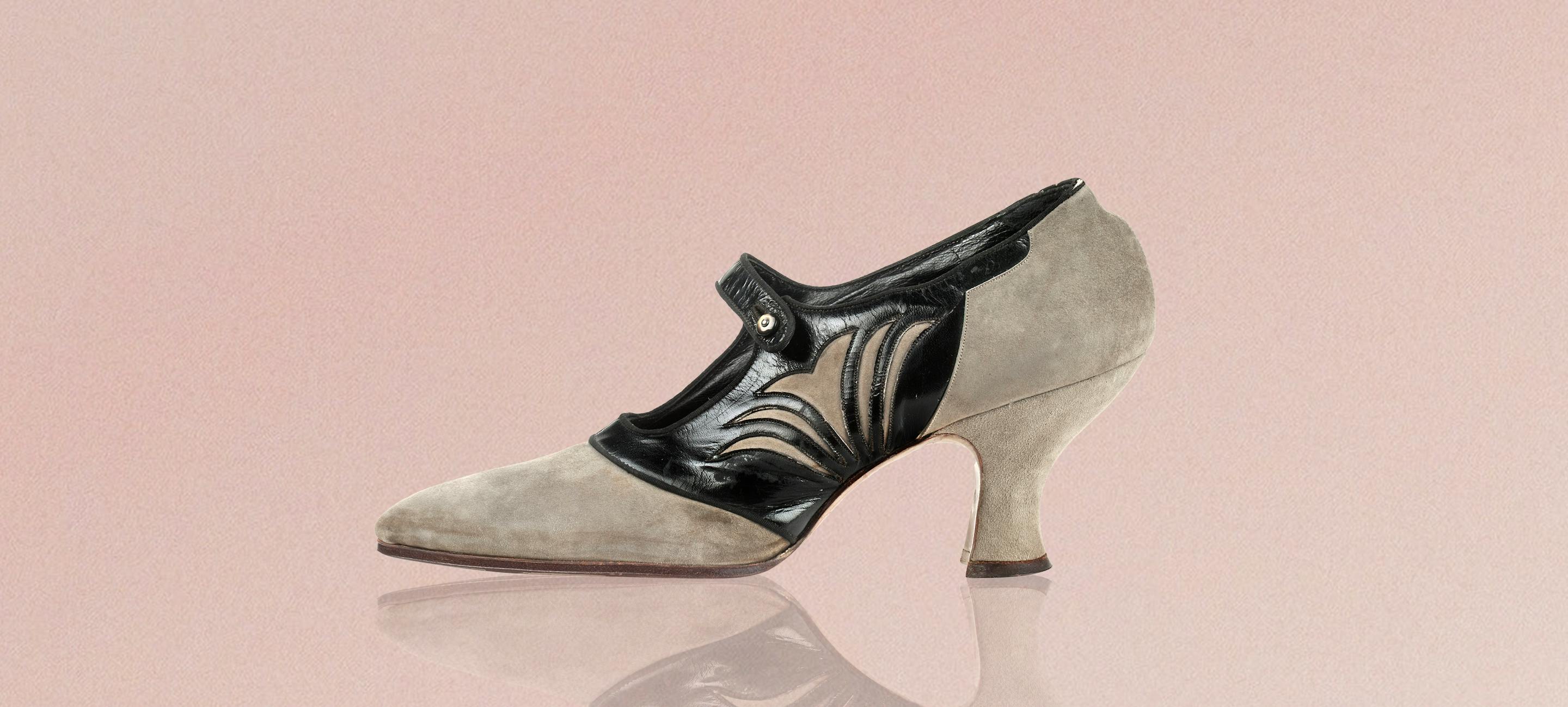 A grey suede high-heeled Mary Jane shoe with black leather around the mid foot
C. Sautter’s Sons, maker
Pointed-toe Mary Jane shoes, ca. 1916
New York City
Suede, leather
Gift of Stuart Weitzman, 2025.25.570ab