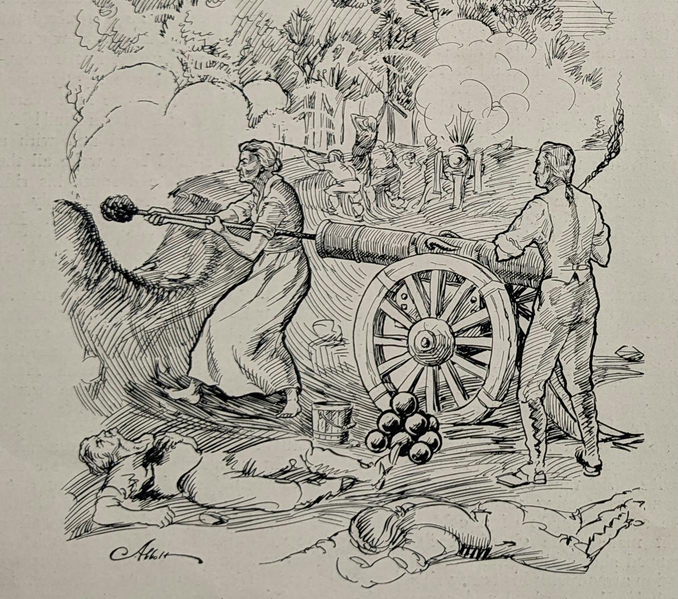 A black and white print showing a woman helping to fire a Revolutionary War cannon.