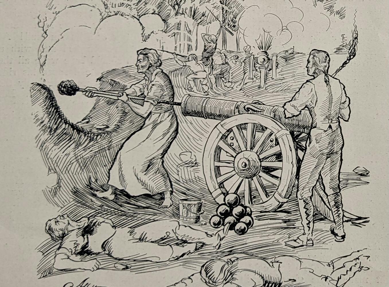 A black and white print showing a woman helping to fire a Revolutionary War cannon.
