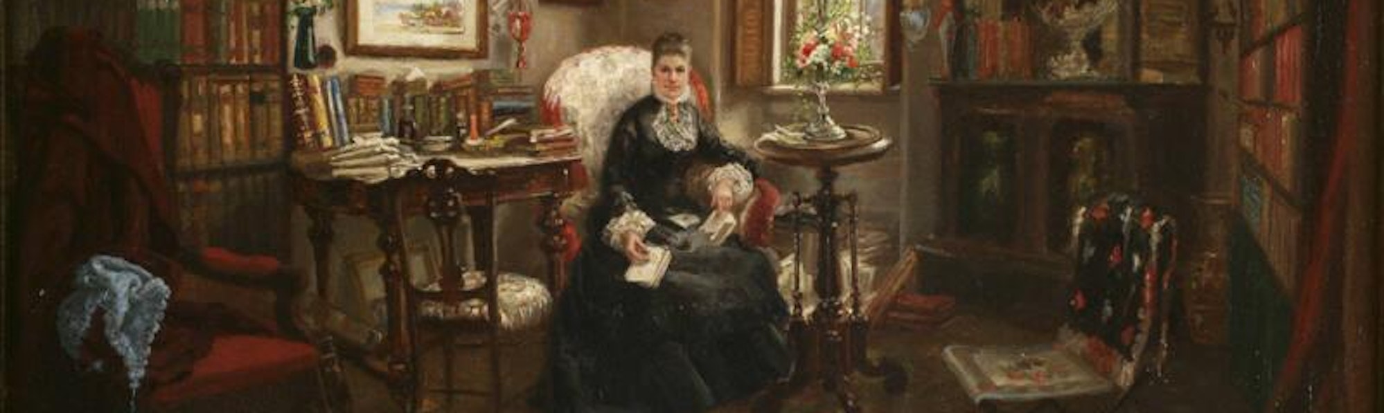 Oil portrait of Mrs. Charles A. Lamb (Martha Joanna Nash, 1829–1893) 1878, artist Cornelia A. Fassett, an upper-class woman sitting in a library.