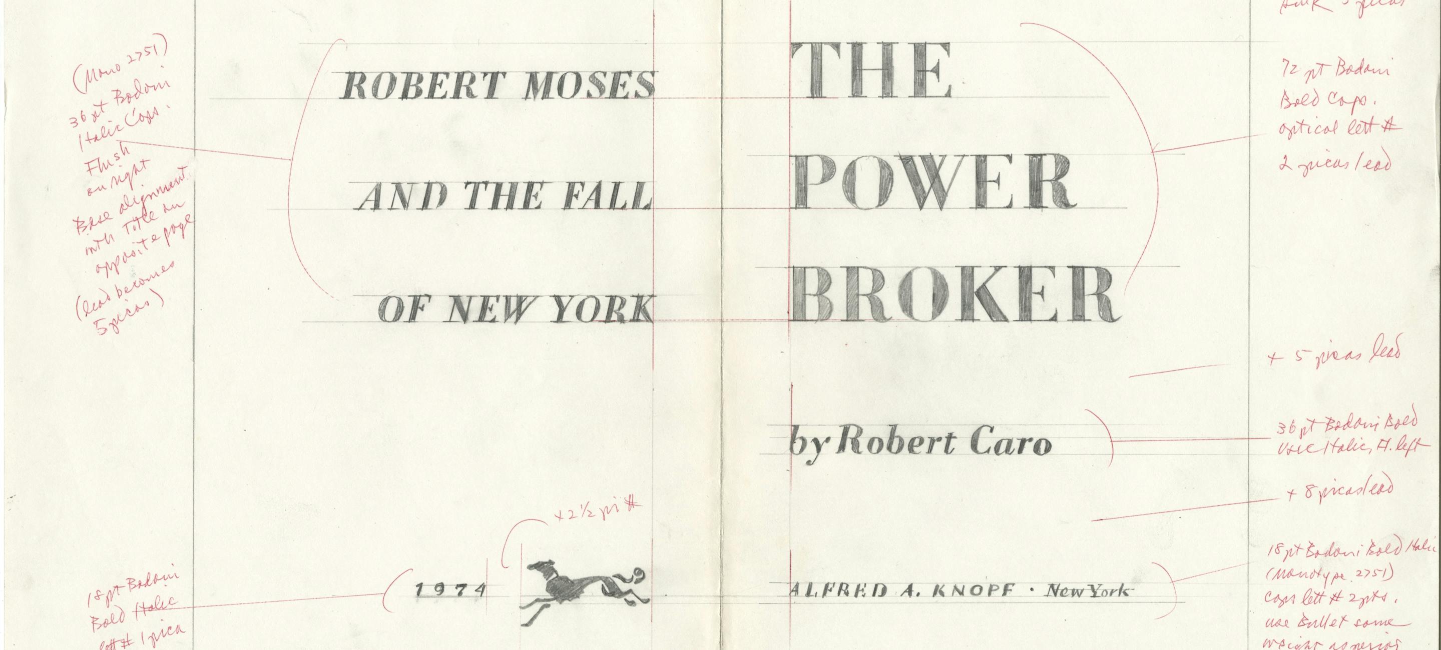 title page from the manuscript for the power broker with red pencil notes in the margins