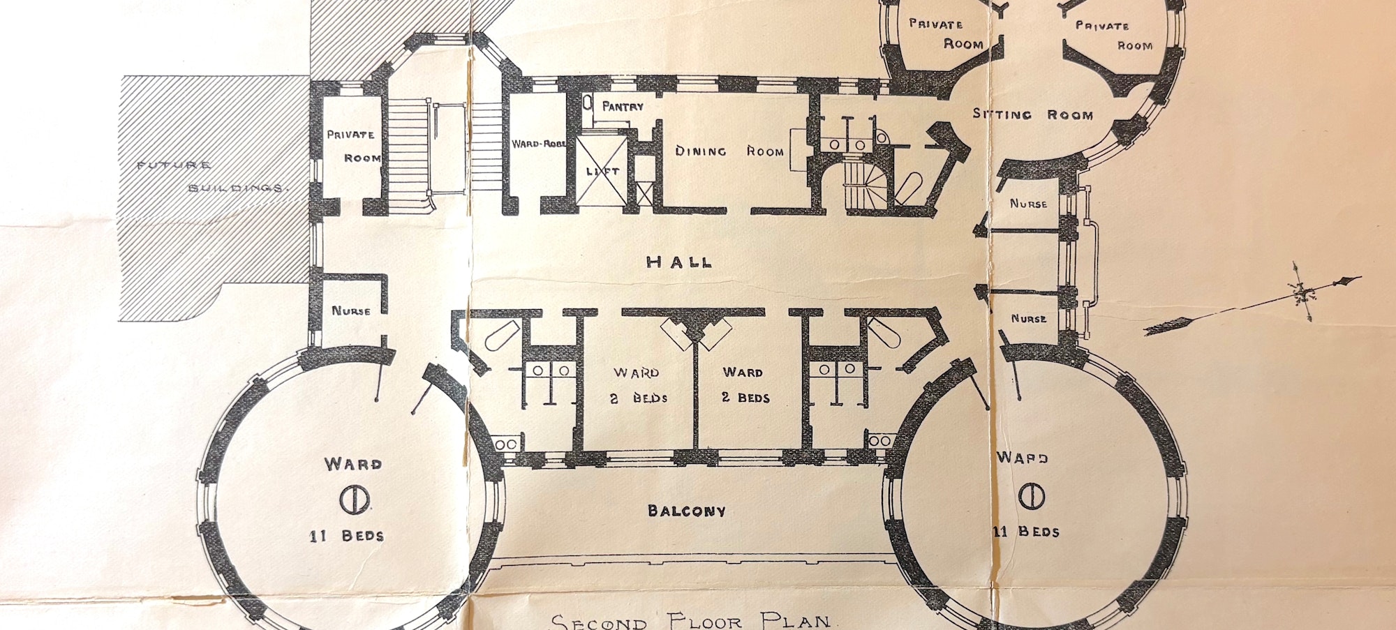Partial floor plan of the newly constructed New York Cancer Hospital., 1885.