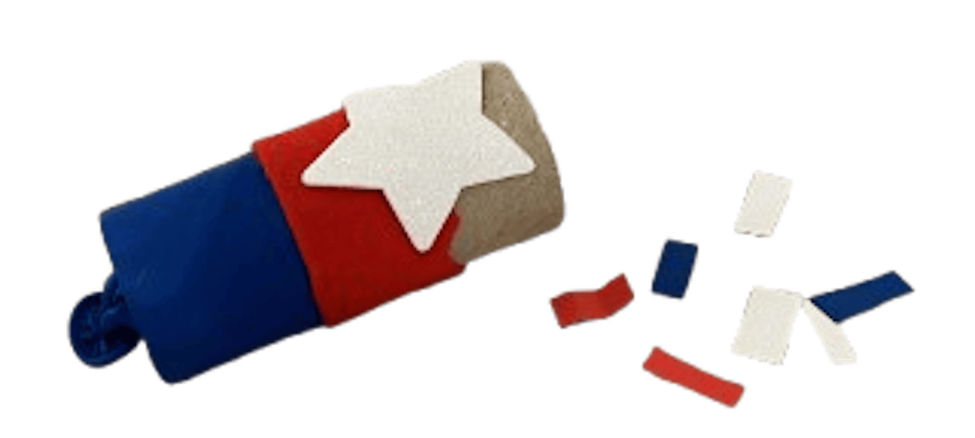 A confetti popper crafted from a toilet paper roll, decorative paper, and cut up paper.