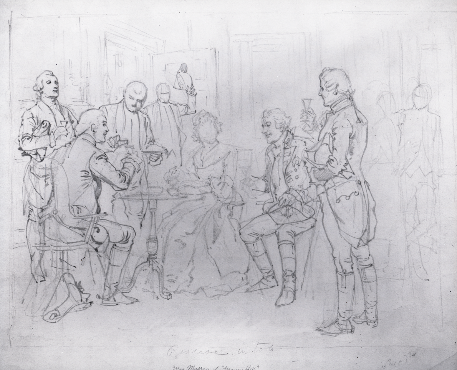 A pencil sketch of a Revolutionary scene with a group of men surrounding a seated woman without a face. 

Henry Alexander Ogden (1856–1936). Mrs. Murray of "Murray Hill". The New York Historical, Gift of the Estate of Harry A. Ogden, 1936.956


