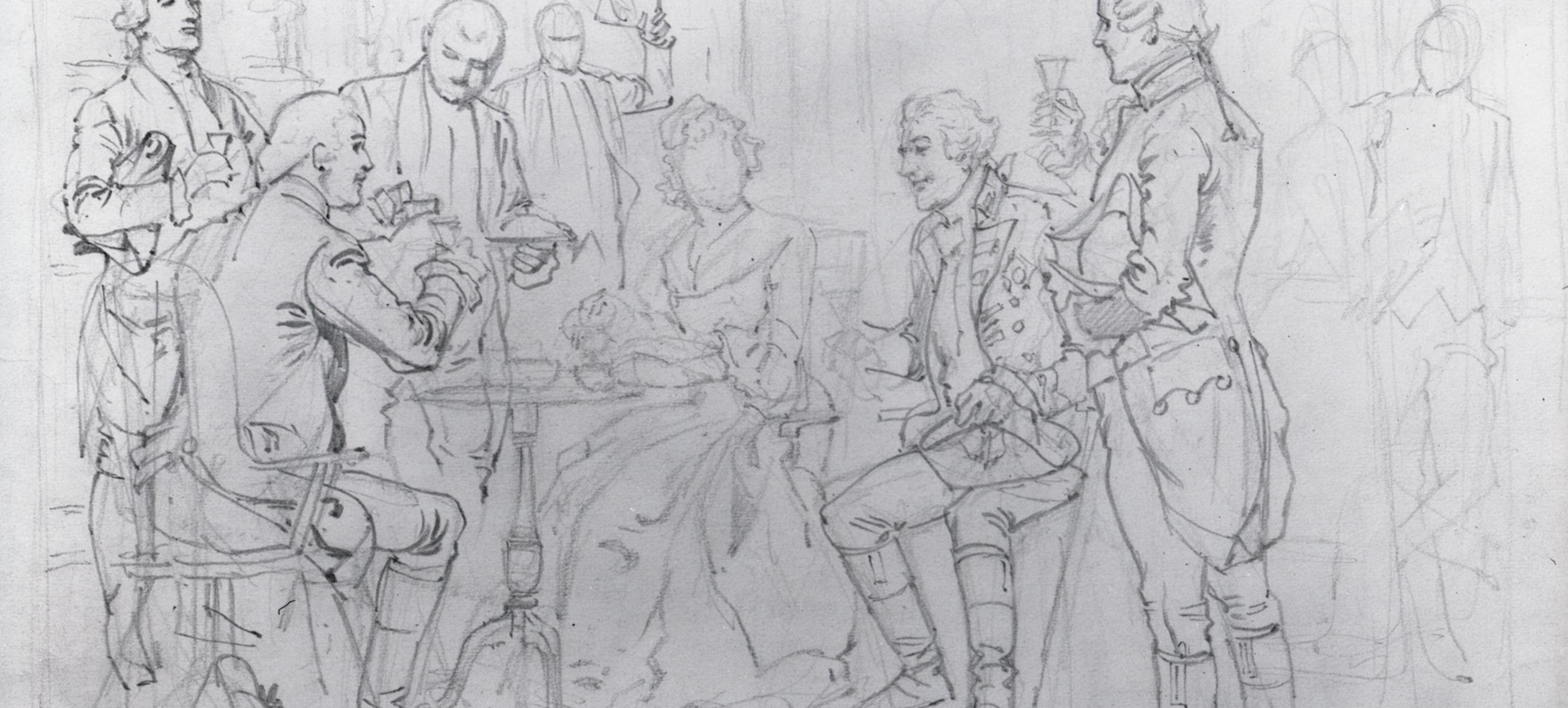 A pencil sketch of a Revolutionary scene with a group of men surrounding a seated woman without a face.
Henry Alexander Ogden (1856–1936). Mrs. Murray of "Murray Hill". The New York Historical, Gift of the Estate of Harry A. Ogden, 1936.956