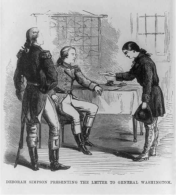A drawing or woodcut of a revolutionary war soldier presenting a document to a seated George Washington with a standing officer looking on. 

Unidentified maker. Deborah Simpson [i.e., Sampson] presenting the letter to General Washington. Library of Congress