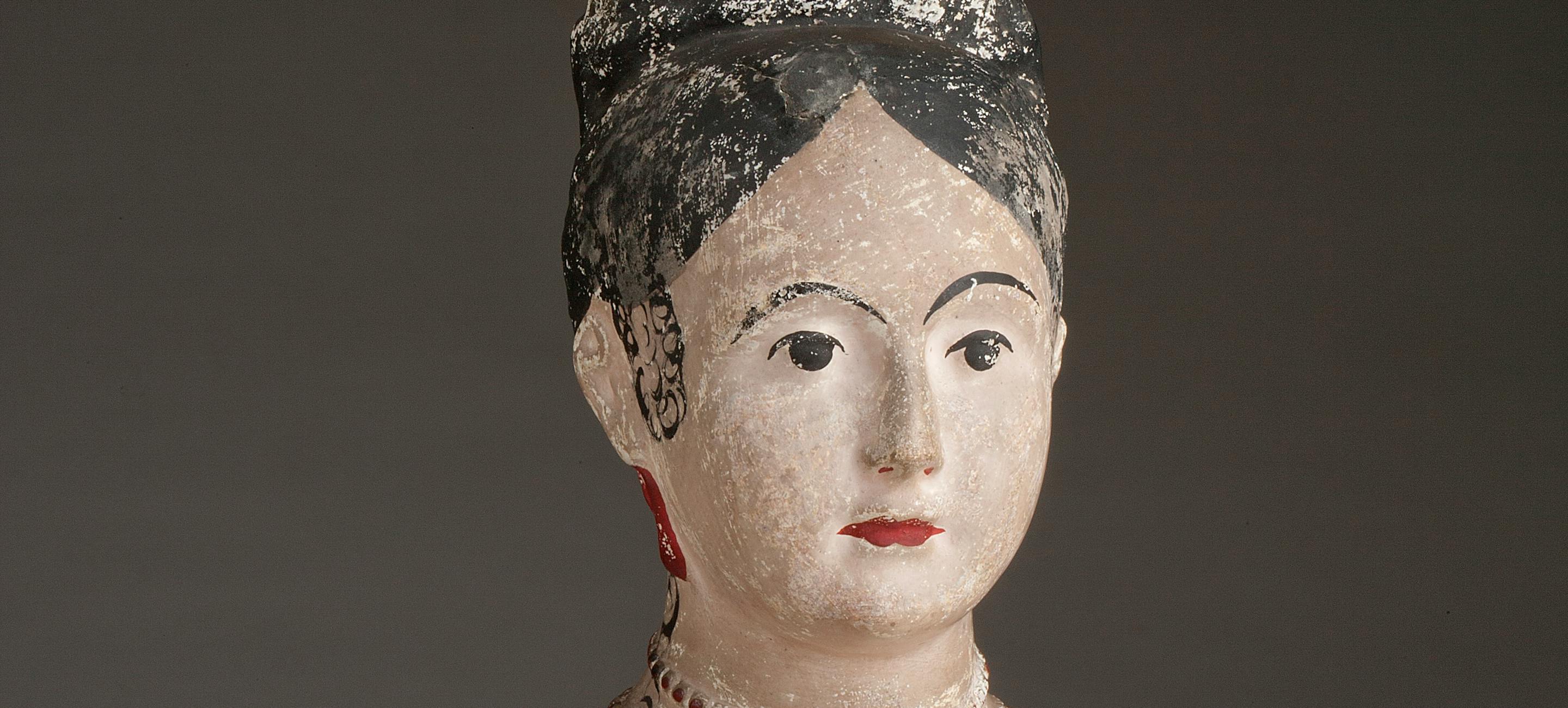 Chalkware bust of a woman with a yellow hat on her head
Unidentified American maker, Chalkware bust of a woman, ca. 1850. Painted plaster. The New York Historical, Purchased from Elie Nadelman, 1937.1138.