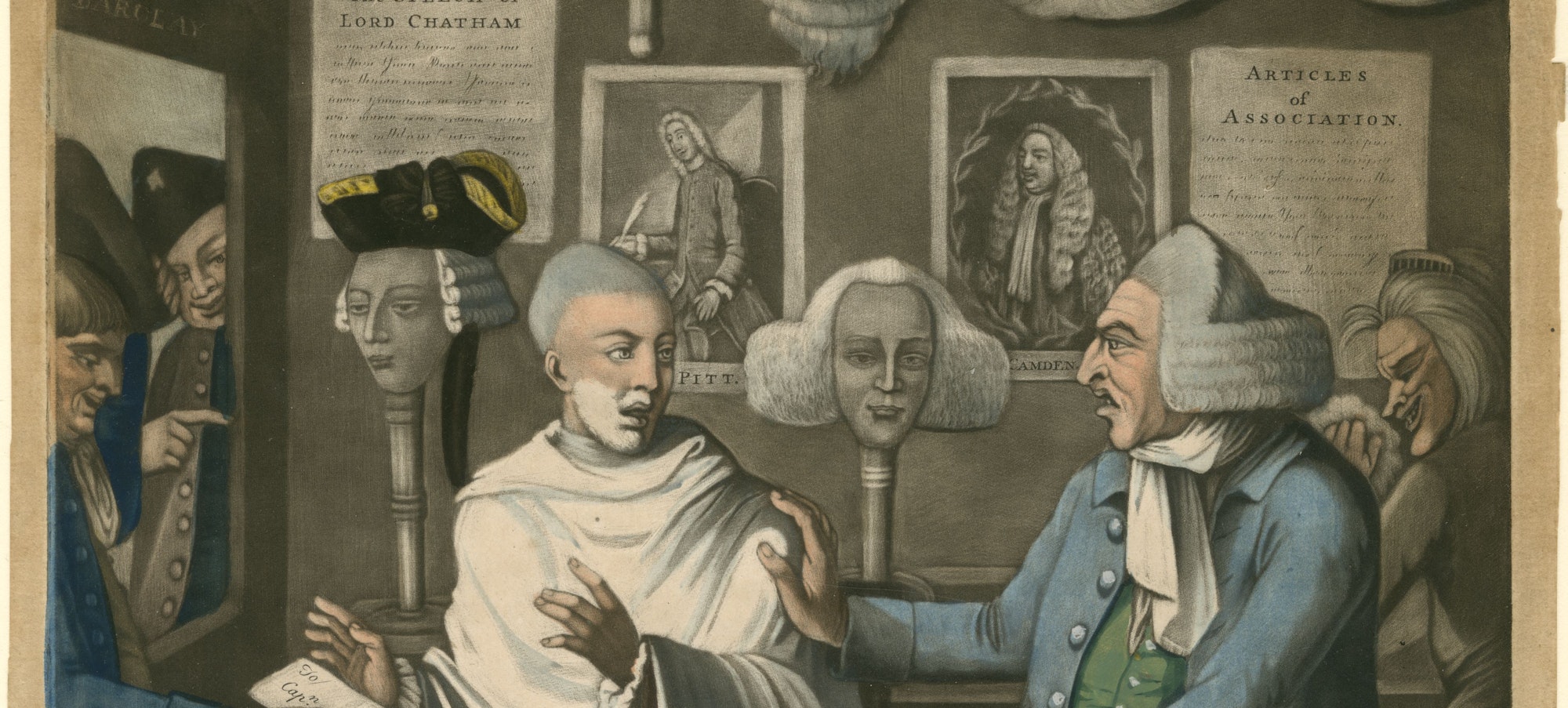 A mezzotint with two central figures in a barbershop, one with a razor, and the other, with shaving cream still on his face, running away.
