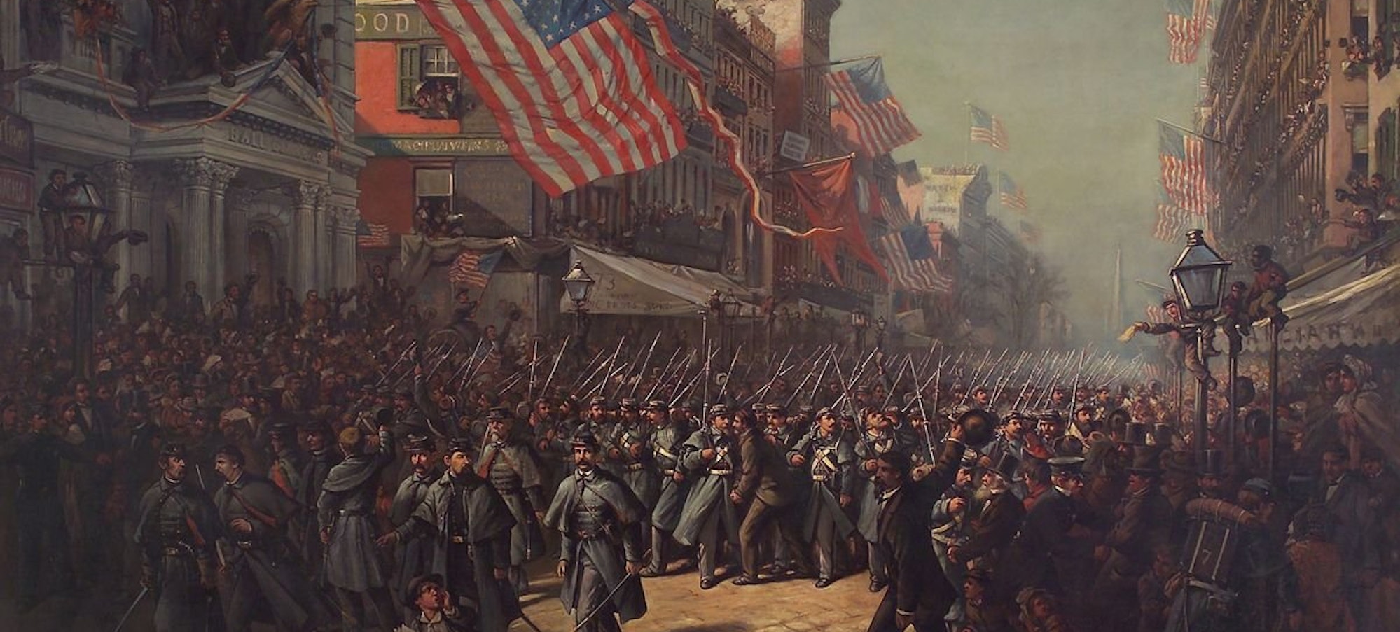 painting by Thomas Nast of Civil War soldiers in New York City