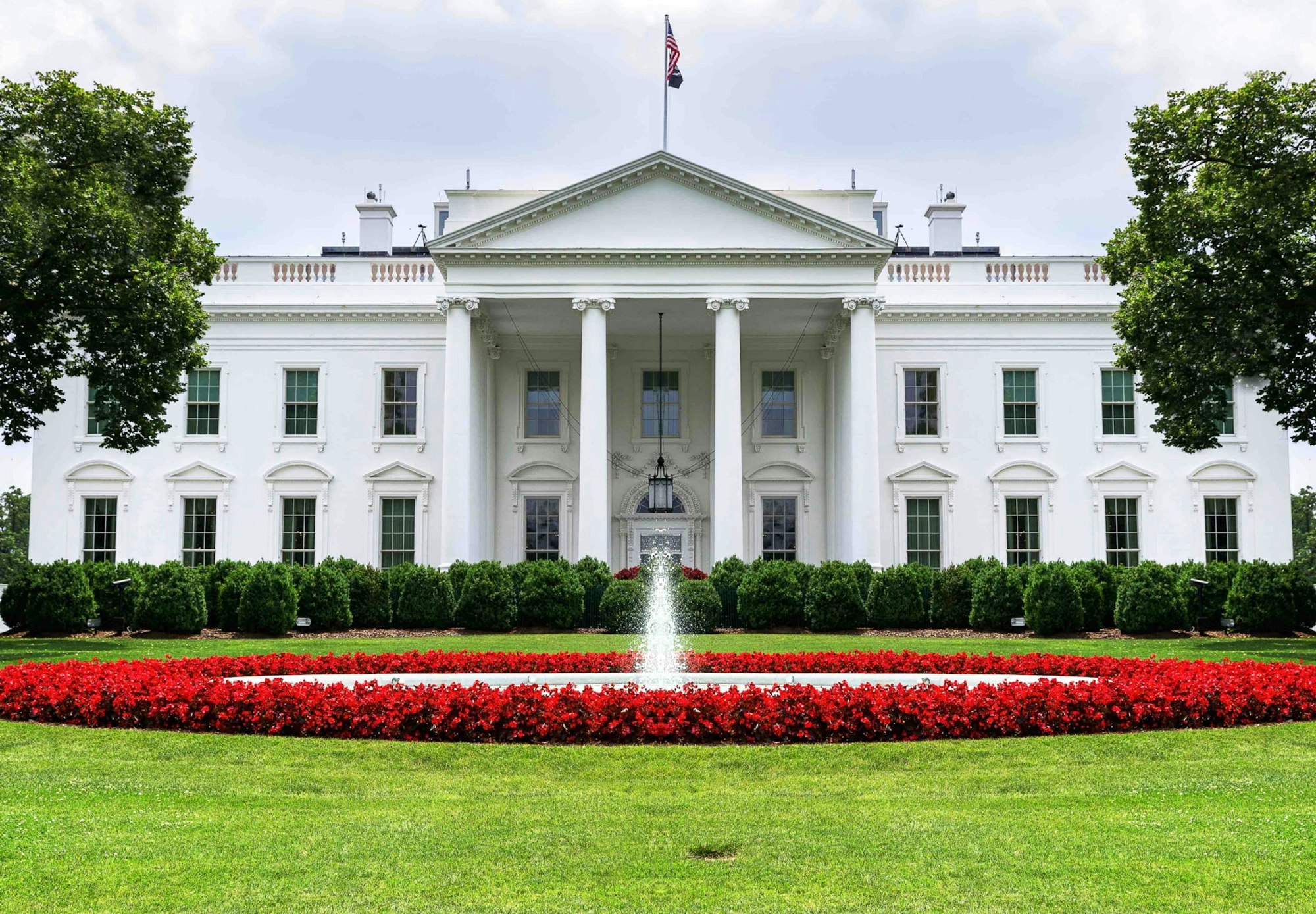 Front of the White House building featuring a circle of red flowers around a water fountain