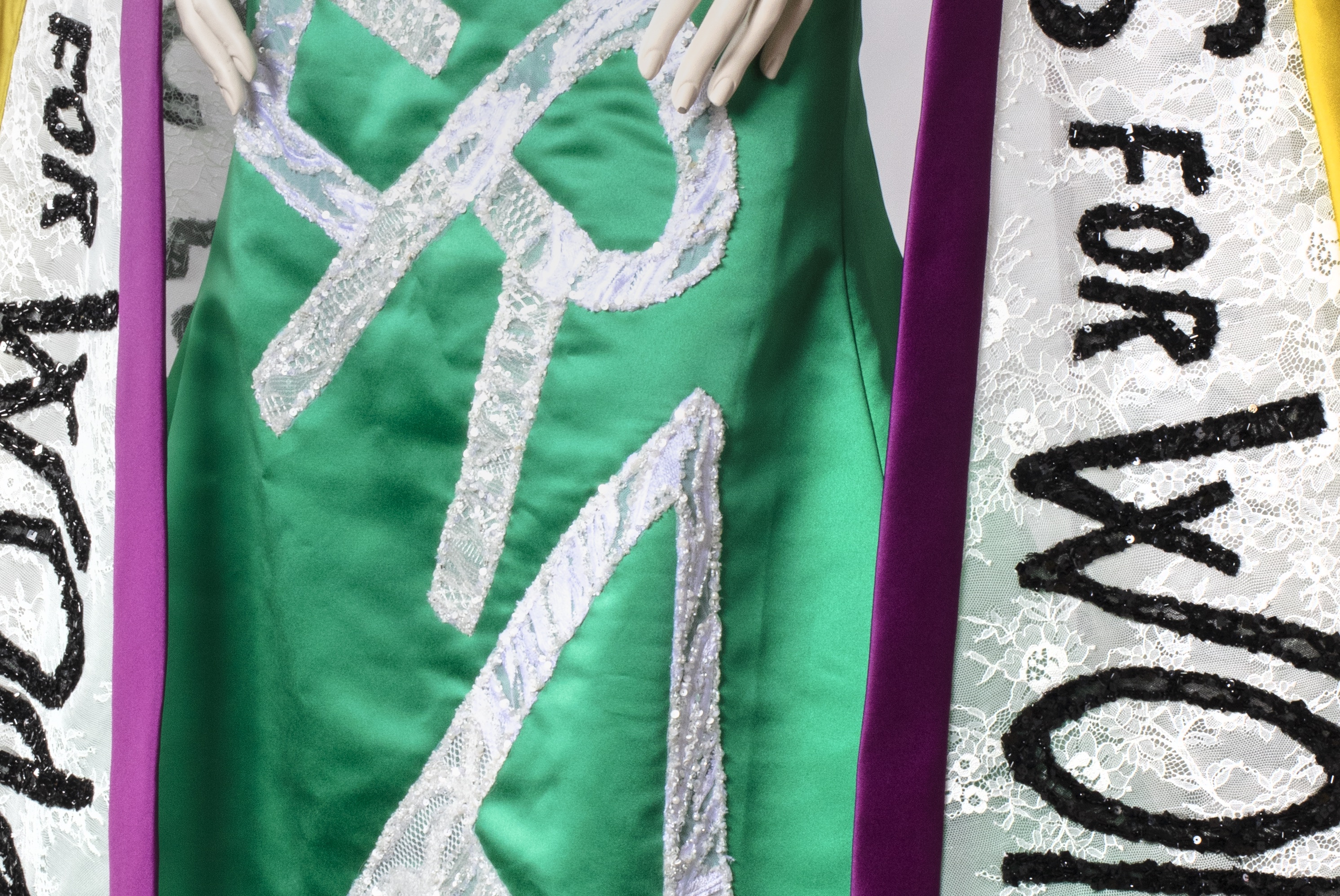 detail of the gown worn by Carolyn Maloney to the Met Gala showing ERA on the body and votes for women on the sash