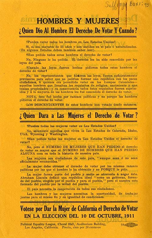 "Dese a la Mujer de California El Derecho de Votar", 1911