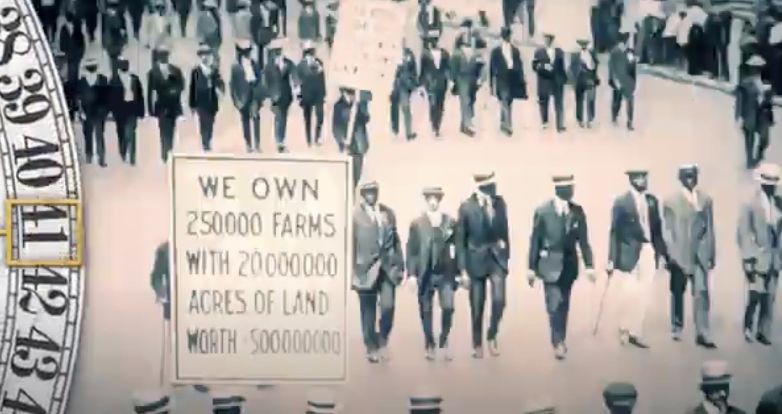 screen shot from a history minute video featuring a still from footage of the 1917 silent march