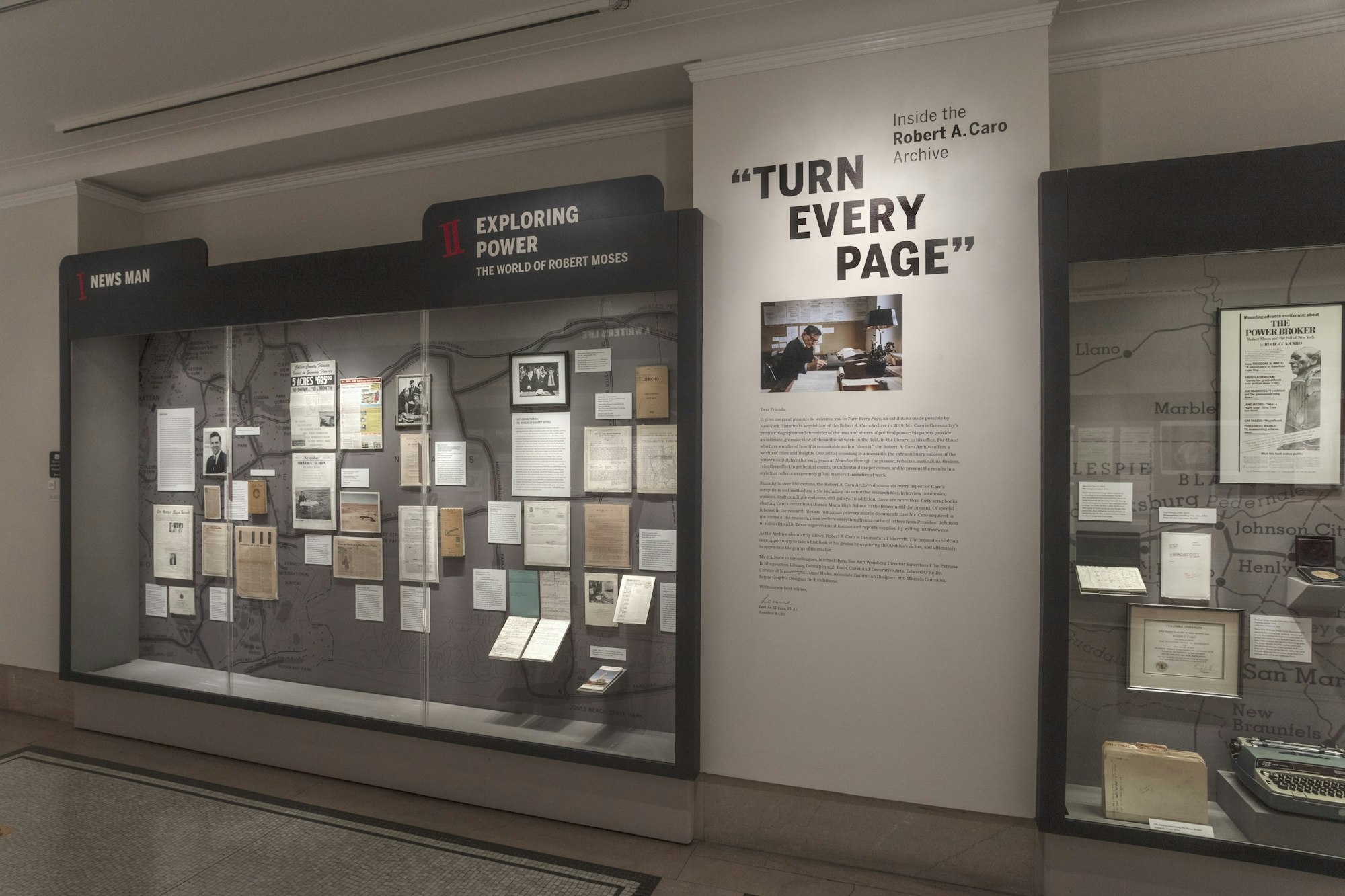 A section of the Turn Every Page: Inside the Robert A Caro Archive exhibition featuring objects from his life as a reporter