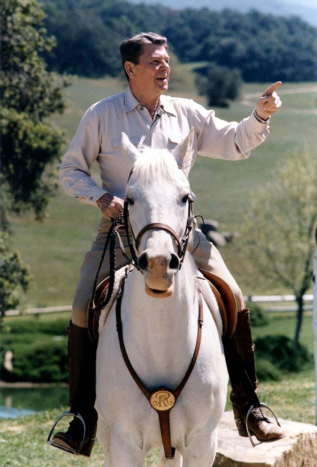 US President Ronald Reagan riding his horse El Alamein at Rancho Del Cielo in Santa Barbara, CA, April 8, 1985.