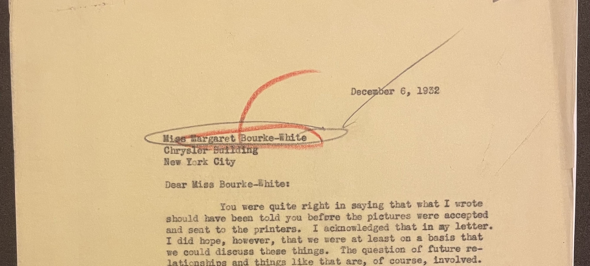a letter from 1932 typed on a typewriter. some penciled in markings
