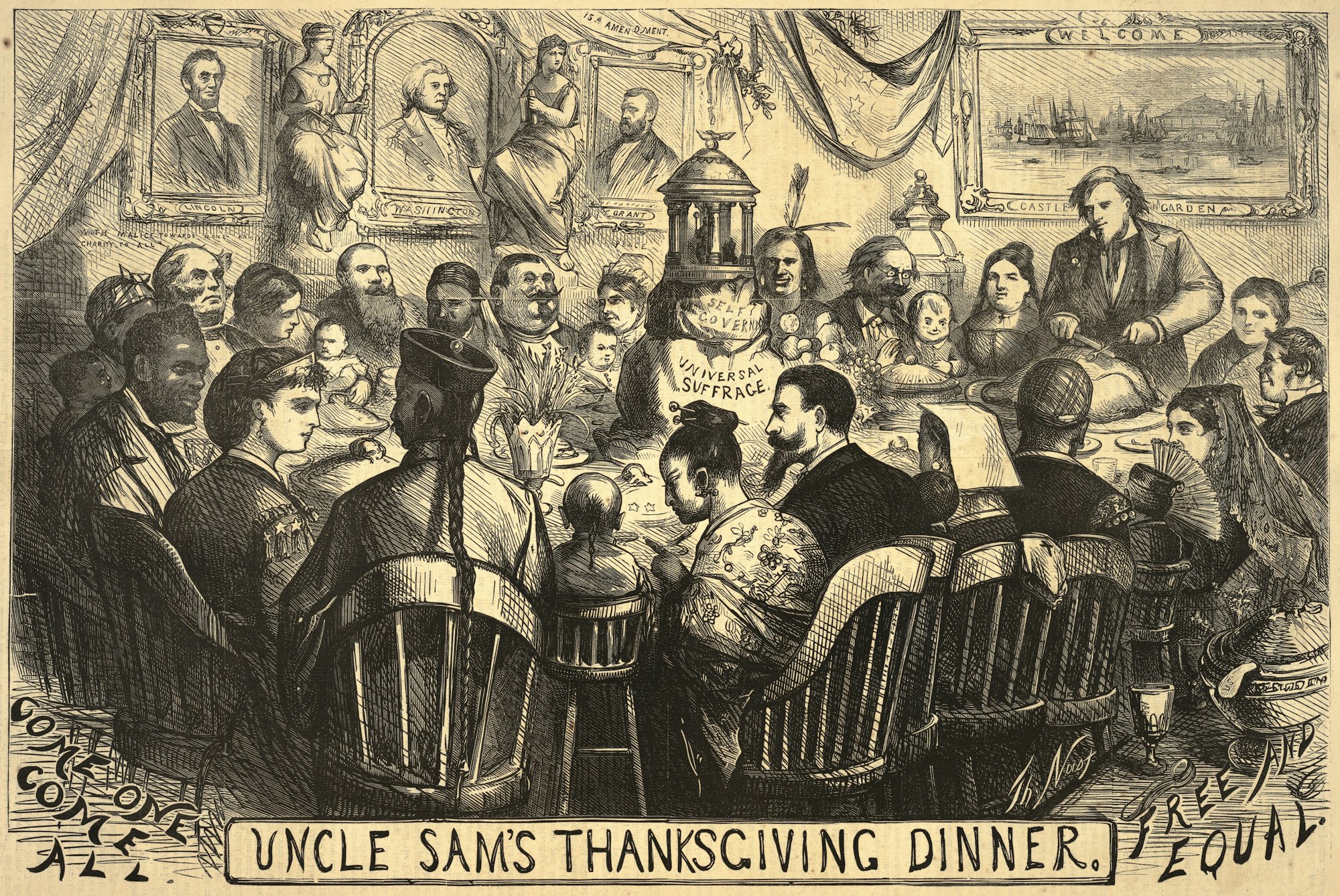 an 1869 thomas nast cartoon depicting a Thanksgiving table crowded with people of different races and nationalities with a centerpiece that says "Universal Suffrage"
