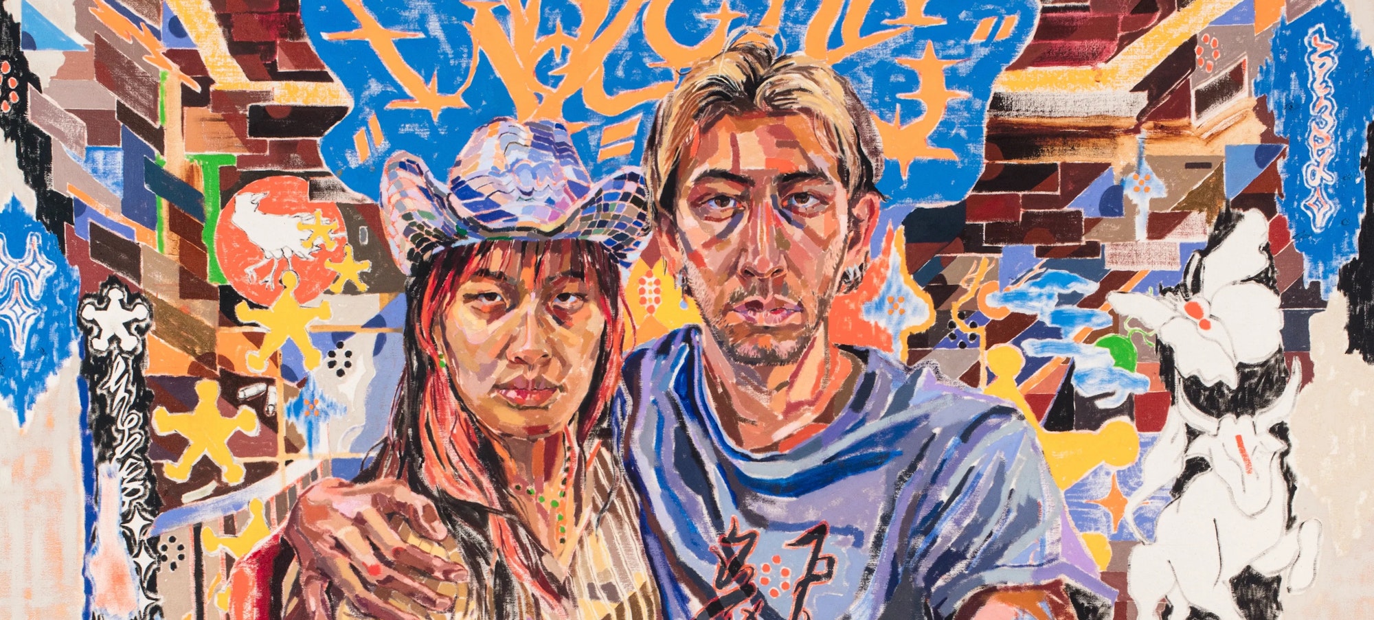 colorful painting of two Asian figures, one wearing a cowboy hat, their legs crossed over each other.