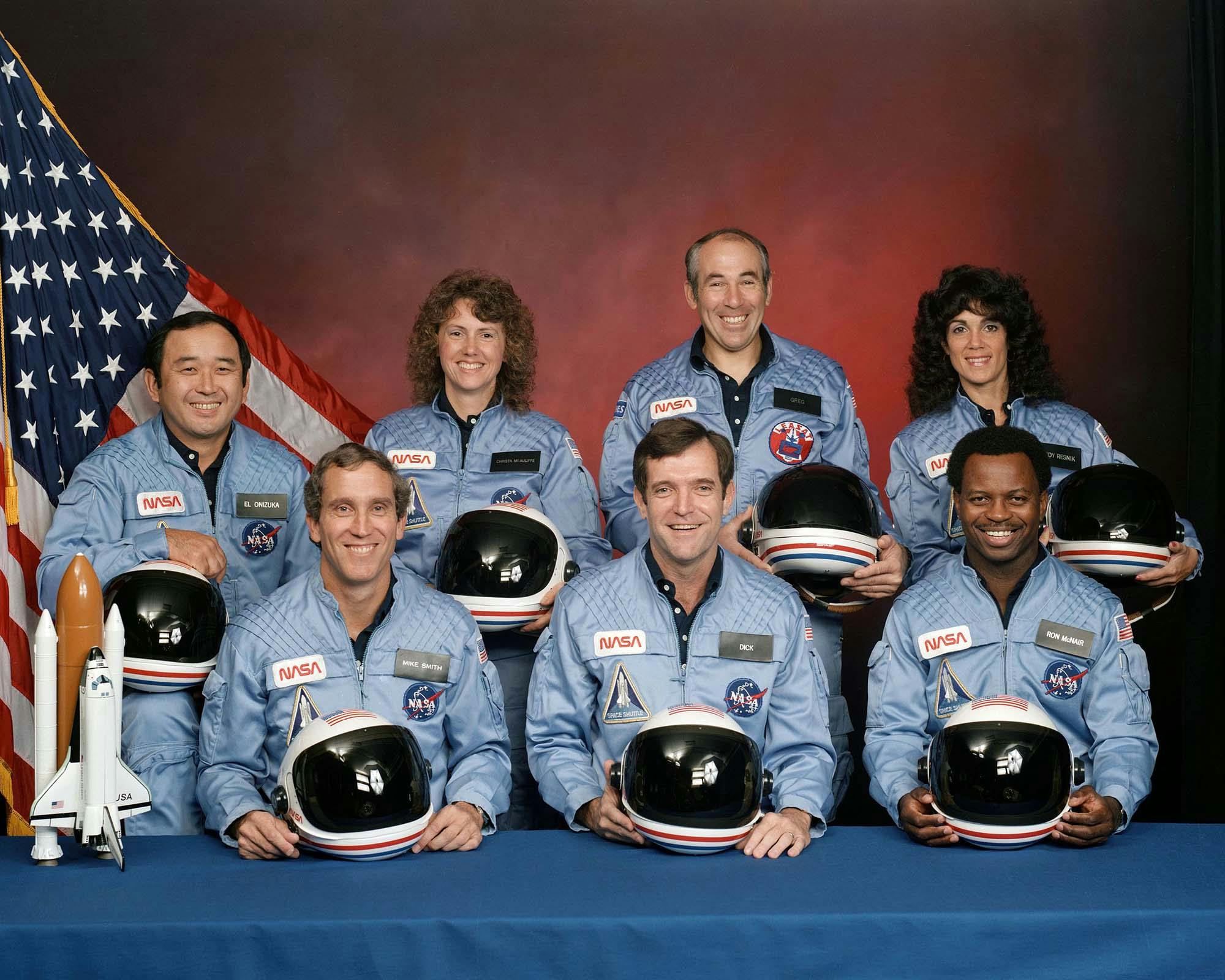 Space Shuttle Challenger crew members. Seated, from left: Michael J. Smith, Francis R. “Dick” Scobee, Ronald E. McNair. Standing, from left; Ellison S. Onizuka, S. Christa McAuliffe, Gregory B. Jarvis, Judith A. Resnik. National Aeronautics and Space Administration.