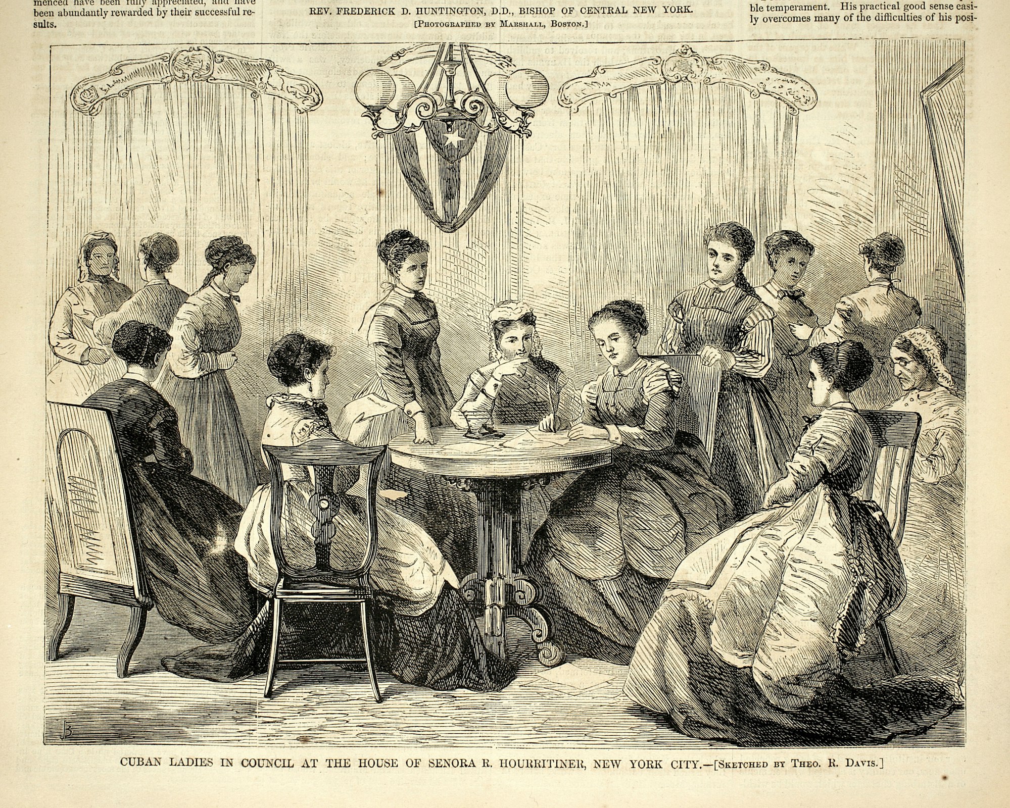 A newspaper drawing by Theodore Davis, “Cuban Ladies in Council at the House of Señora R. Hourritiner, New York City,” Harper’s Weekly, 1869. Patricia D. Klingenstein Library, New-York Historical Society