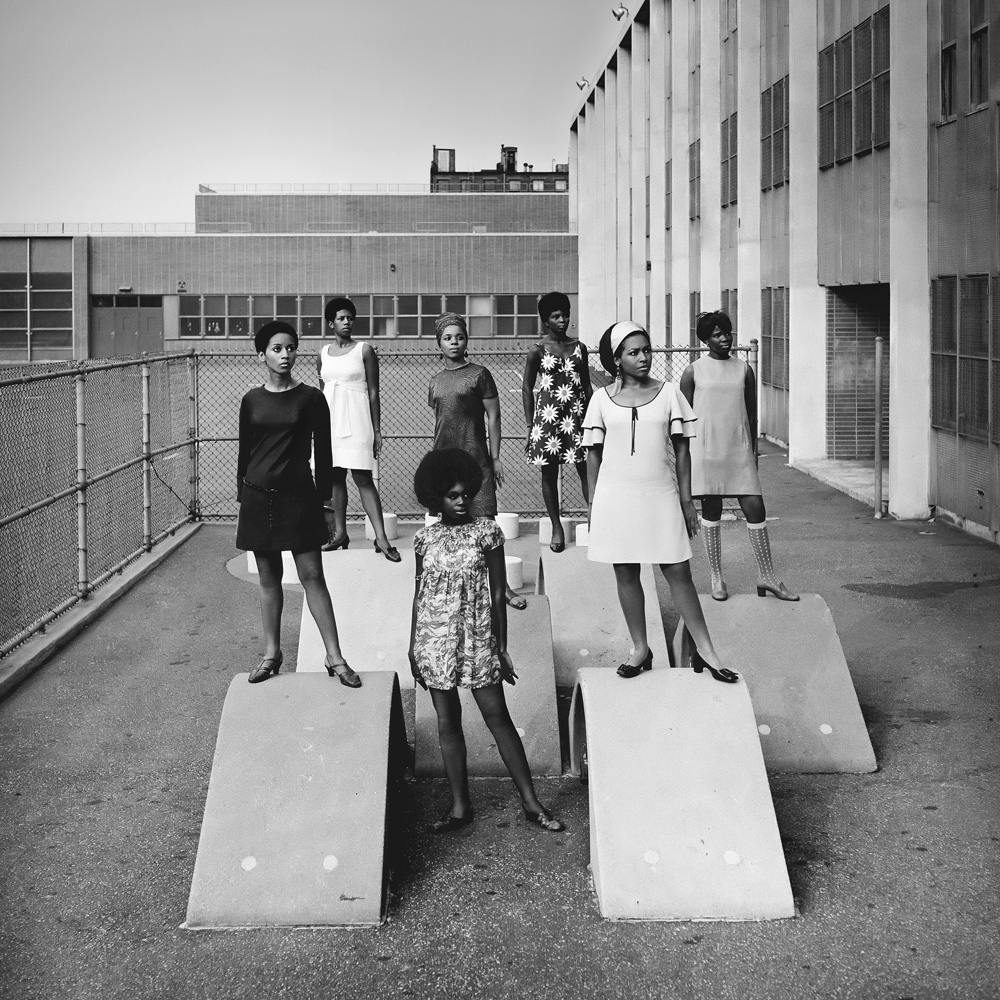 Kwame Brathwaite, Photo shoot at a public school for one of the AJASS associated modeling groups that emulated the Grandassa Models and embraced natural hairstyles. Harlem, ca. 1966. Courtesy the artist and Philip Martin Gallery, Los Angeles
