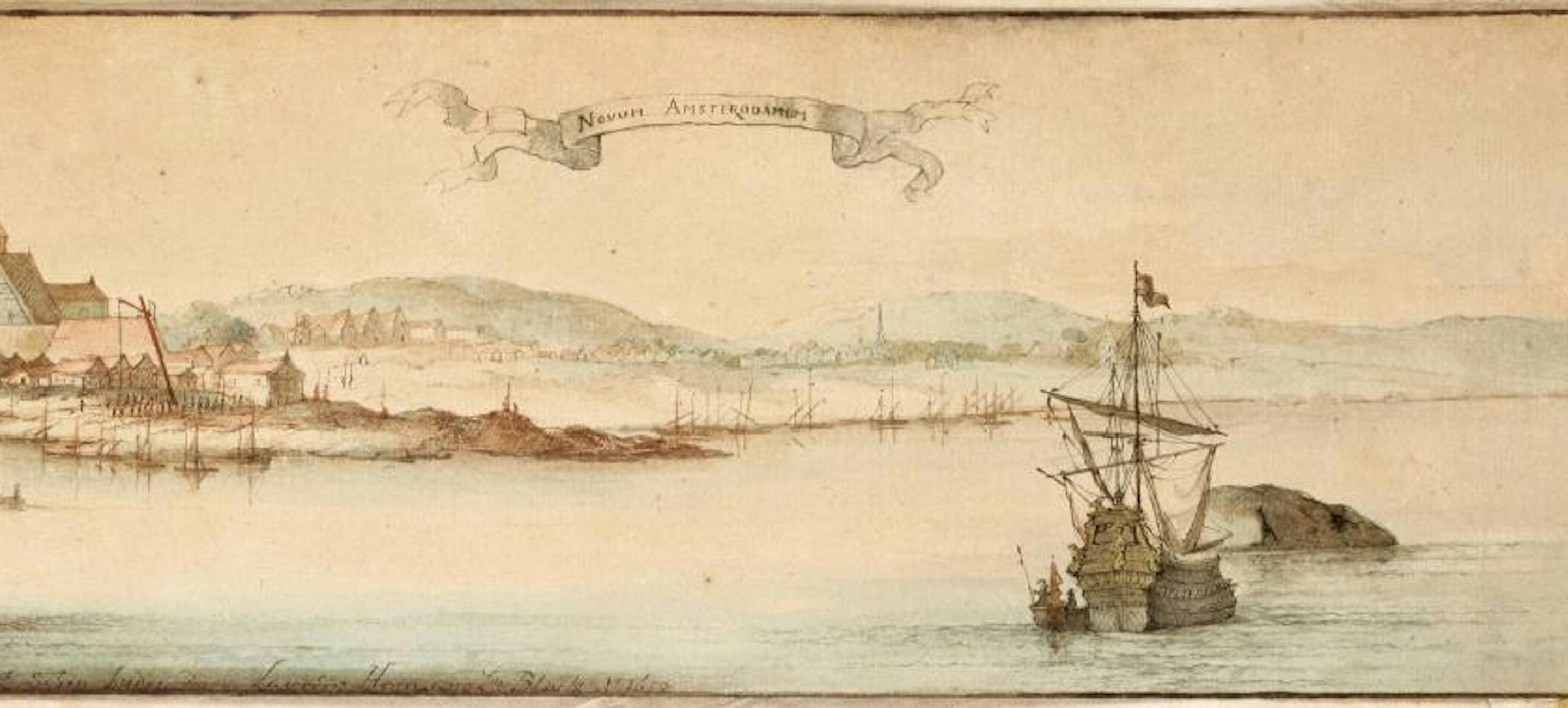 watercolor scene of New York harbor in the time of New Amsterdam, showing sailing ships and only a few buildings on land.