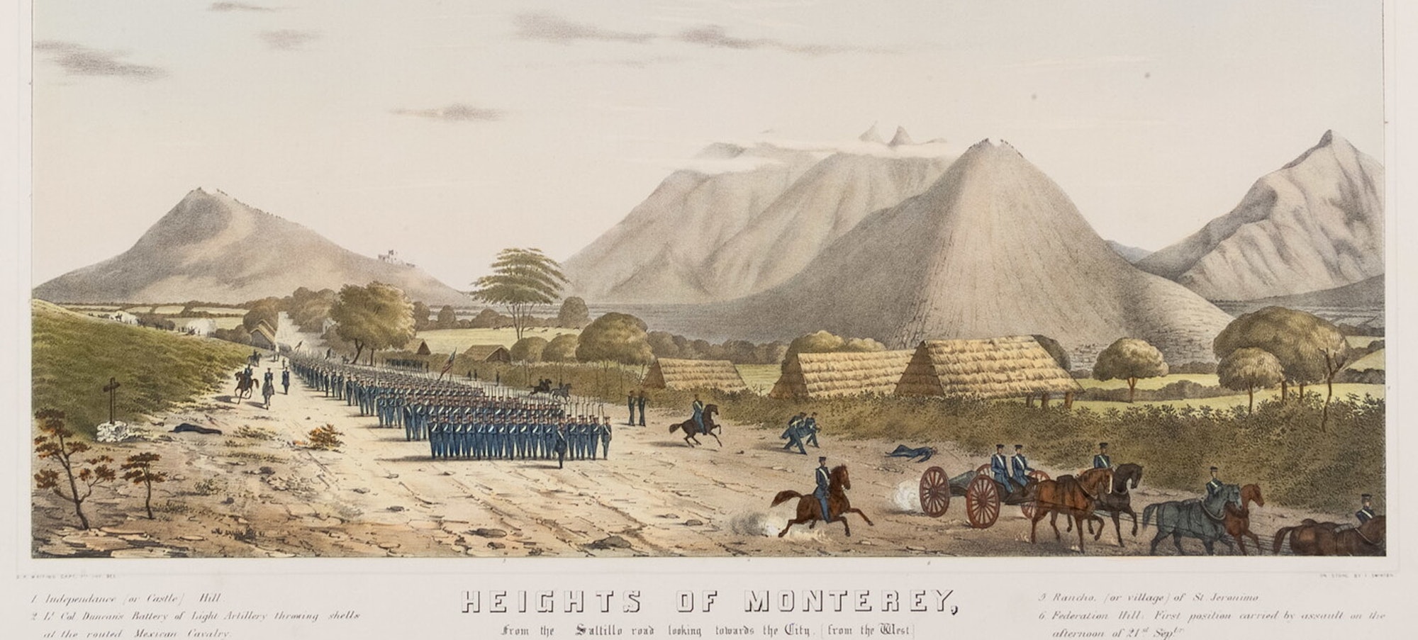 a colorful image of soldiers marching down a dirt road in front of mountains from the Mexican-American War