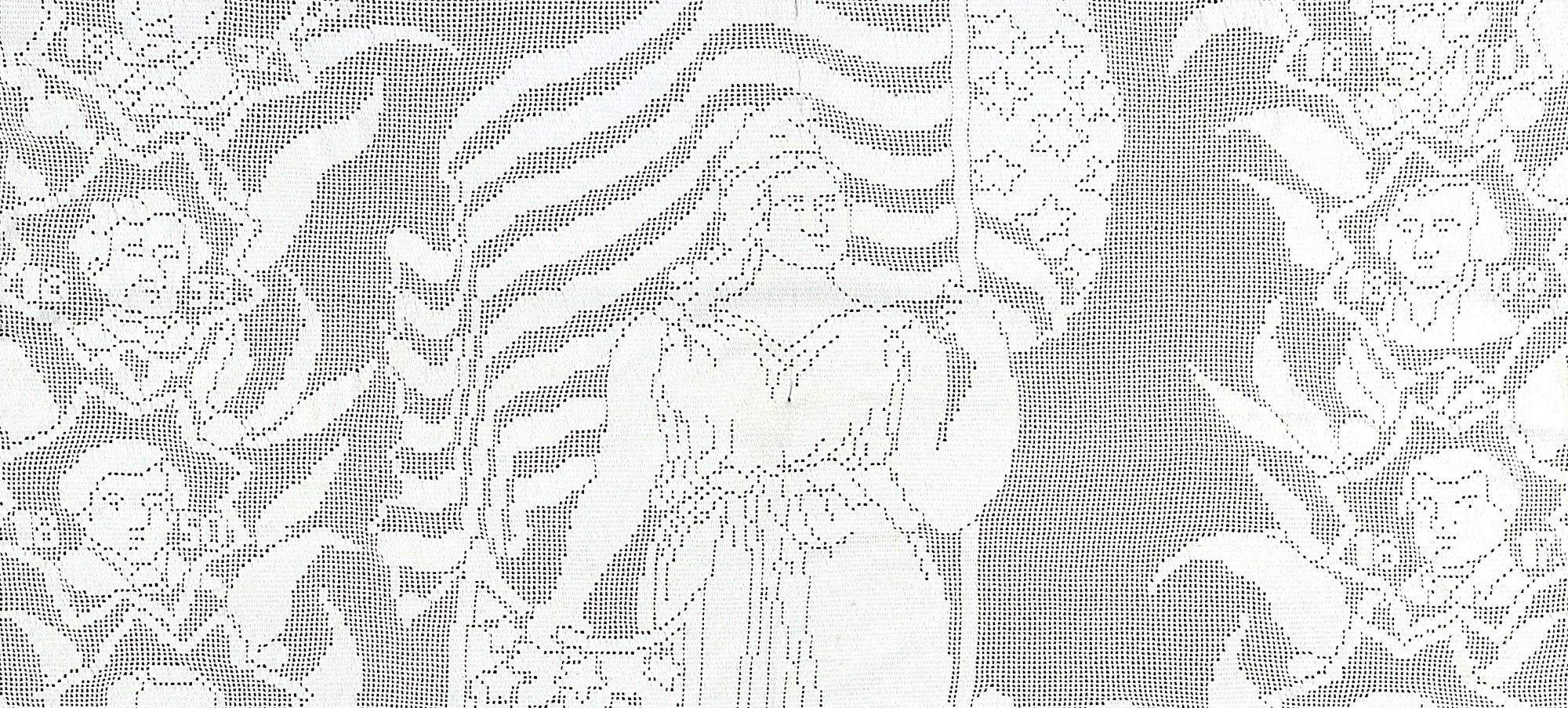a crocheted coverlet featuring a woman holding a shield and an american flag, surrounded by American presidents
Anna Mary Schroeder Schweckendick (1829–1909), Coverlet, ca. 1876. New York City. Cotton. The New York Historical, Gift of Linda Cassidy, 2010.20