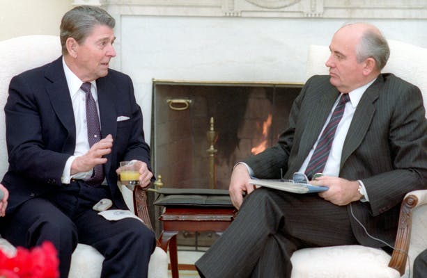 President Ronald Reagan and Soviet General Secretary Mikhail Gorbachev have their first meeting at the White House, December 8, 1987