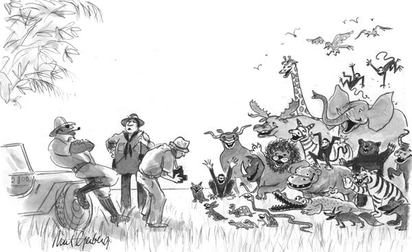 “I take it, then, that we are not the first safari ever to visit this area.” Sketch for Playboy. Dip pen and ink, wash, graphite, and Wite-Out® on paper. Collection of the artist.