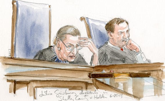 Courtroom sketch of Justice Ginsburg’s dissent in Shelby County v. Holder, June 25, 2013. Sketch by Art Lien.